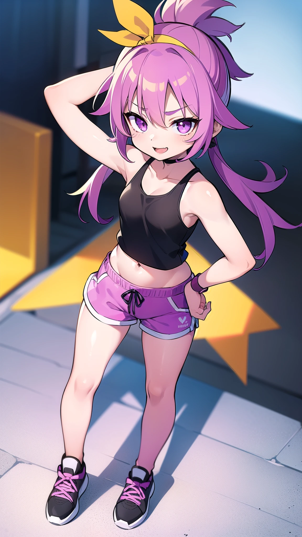 girl, young, tanned skin, magenta hair, punk hairstyle, anime style, small breasts, purple eyes, ((yellow headband with bow, black tank top, midriff, lilac hawaiian shorts, sport shoes)), navel, high quality, detailed body, detailed eyes, detailed face, masterpiece, glistening body, detailed body fur, best quality, perfect lighting, perfect shadows, perfect eyes, perfect hair, perfect face, gorgeous body, :P, street, clear sky, full body,