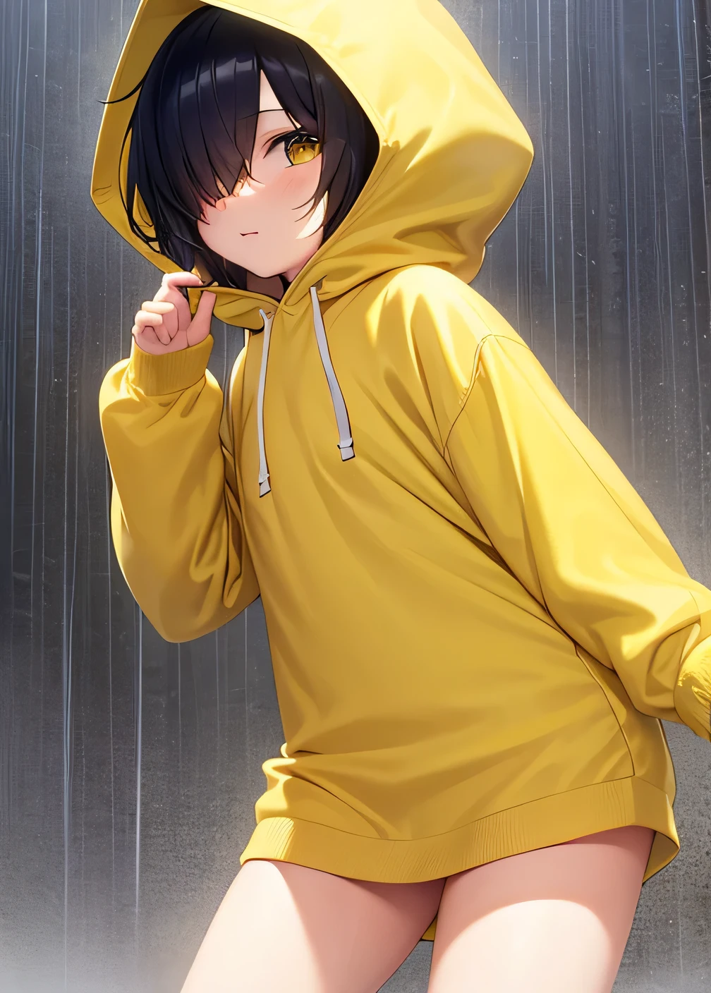 Anus, ass, No panties, no pants, Selling from below, Yellow hood, Naked navel, yellow rain hood, (((hair over eyes))), Litte, girl,  kid, ((One eye)), simple hood, ((yellow hood)), bottomless, Bare legs, nothing underneath, Naked with a hood, just a hood, Bare hood, (Hair in eyes), Black hair, Slim, ((Short hair)), Seeing from below, gojo eye, Rain, Sidewalk, 5 fingers,