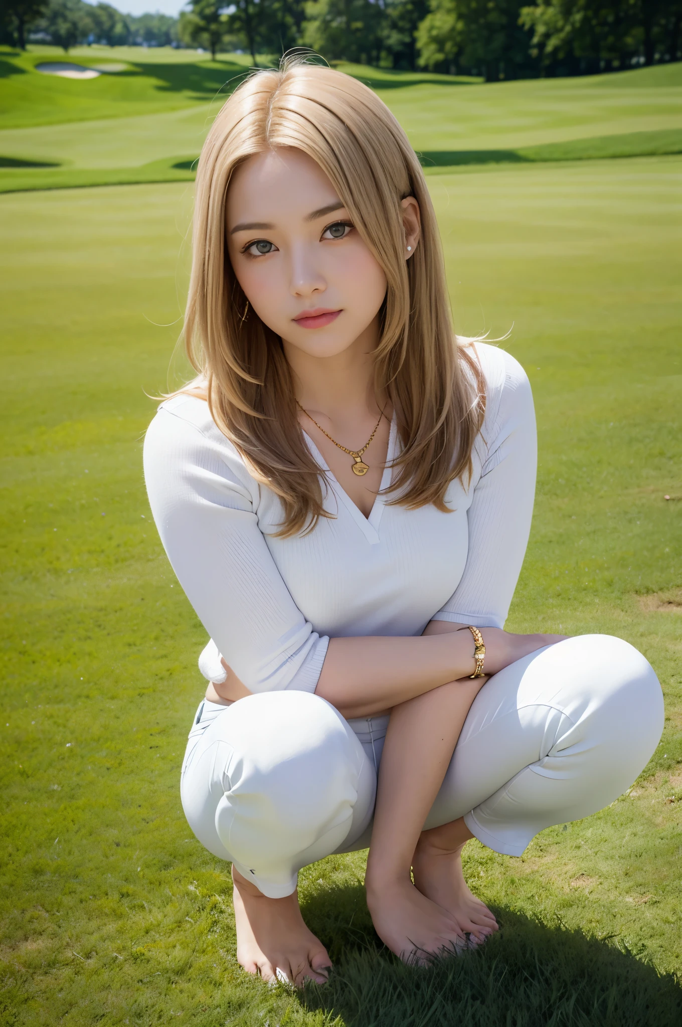 (super beautiful)、(beautiful face:2)、(detailed face:1.1)、(european:1.5)、(Miss Universe)、(she stood up:1.1)、(red dress made of thick fabric:1.1)、(raise the hem of the dress:1.5)、(Please show me your white pants:1.5)、(dressing:2)、high heels、(wearing heavy makeup)、(golden hair:1.4)、(blue eyes)、(thin:1.1)、perfect fingers、necklace、bracelet、gyuru、on stage、(Taken from above the knees:1.2)、(At SFW)highest quality、High resolution、Super detailed、masterpiece、Raw photo、realistic、Photoreal、very delicate and beautiful、finely、rough skin、1 girl、(alone)、(alone)、full shot、(sky from below:1.1)、(Height is 170cm)、(25 year old model)、Athlete body type、thick thighs、barefoot、(golf green:1.1)、(golf wear)、(mini skirt)、golf shoes、(body facing the camera:1.5)、(open crotch squat)、(open your legs:1.3)、(Crouch down and check the situation on the green.)、(place your palms on your knees,,,,:1.5)、(beautiful face:1.7)、brown shortcut、(show panties:1.3)、(white panties)、dark pubic hair、(golf wearを脱がないでください)、(At SFW:1.2)