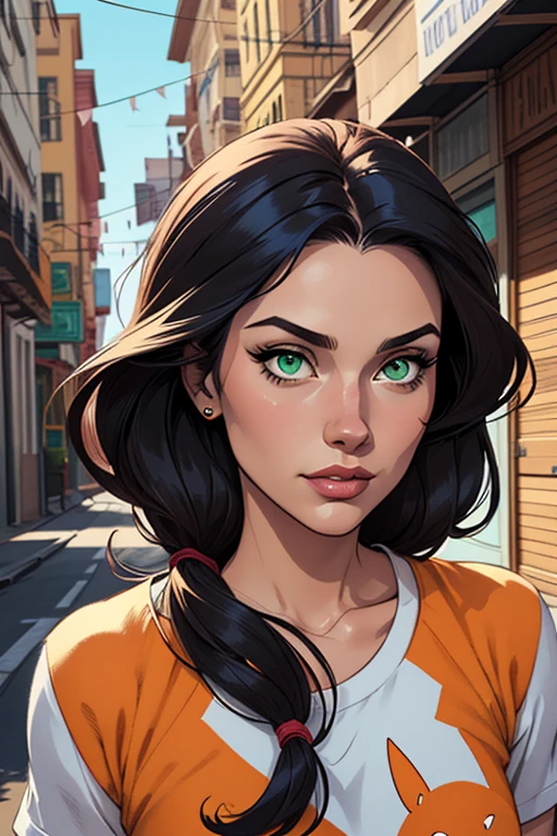 Imagem de desenho animado de uma mulher .cartoon style illustration, estilo de arte dos desenhos animados, estilo de arte dos desenhos animados, digital illustration style, design de personagens altamente detalhado, arte digital detalhada fofa, City fan art, Design de personagens de retrato, beautiful digital illustration, retrato de alta qualidade, Arte em quadrinhos, mulher jovem. Green eyes Medium and wonderful buso Alleyne - Queen's Blade