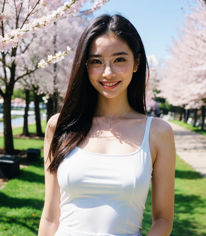 ((最high quality、8K、masterpiece、portrait:1.3)), hair, fine eyes, Single-lens reflex camera, high quality, beautiful japanese woman, 38 years old, Glasses, plump body, very big breasts、黒く長いhair, Rows of cherry blossom trees along the river、white tube top、skinny jeans、barefoot、sandals、wedding ring, rat trail section、Smile kindly, full body、best shot