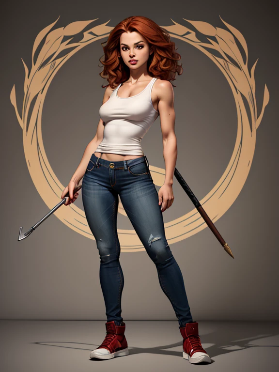 character Hermione Granger Dynamic heroine pose Women's jeans and white tank top Gender Female Height 5'11"
Peso
135 libras (61 kg)
Brown eyes Red hair well shaped symmetrical breasts