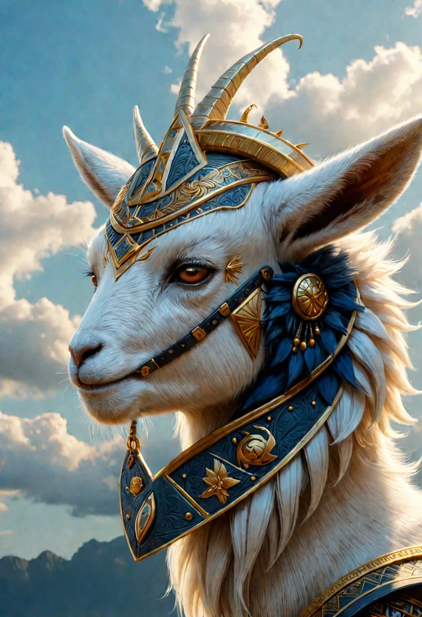 Close-up of a goat with a horned headdress against the sky, furry fantasy art, wonderful, by Kelenbeit, Awarded at cgsociety, furry digital art, Cat Warrior, 4K high-definition digital art, Dramatic cinematic detailed fur, Fantasy Epic Digital Art, g cgsociety, Epic fantasy digital art, Antro Digital Art