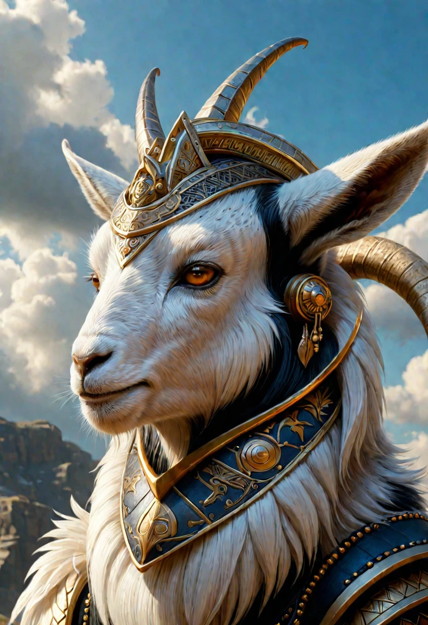 Close-up of a goat with a horned headdress against the sky, furry fantasy art, wonderful, by Kelenbeit, Awarded at cgsociety, furry digital art, Cat Warrior, 4K high-definition digital art, Dramatic cinematic detailed fur, Fantasy Epic Digital Art, g cgsociety, Epic fantasy digital art, Antro Digital Art