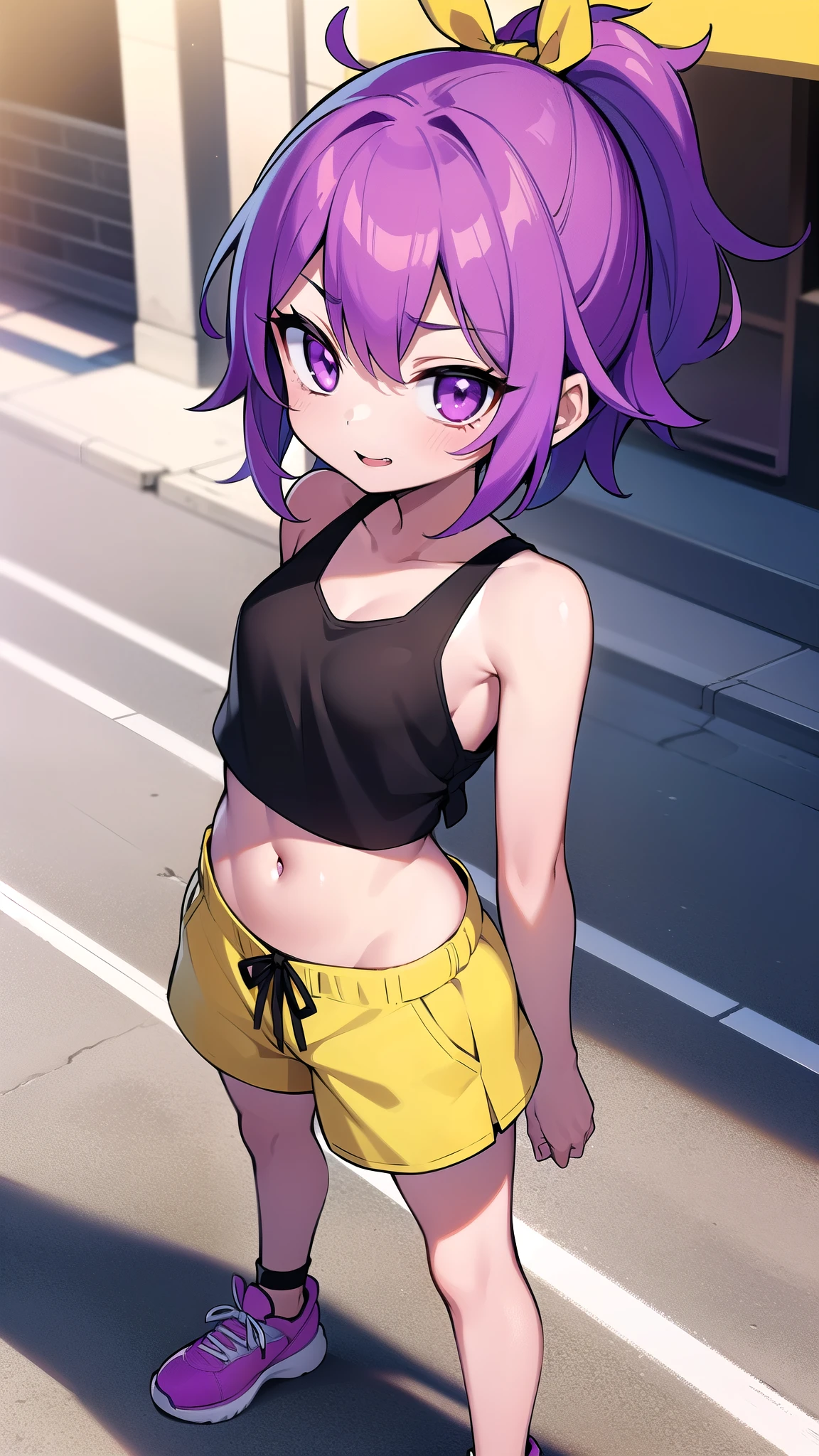 1 girl, young, tanned skin, Purple hair, spiky short hairstyle, lilac eyes, small breasts, detailed body, detailed face, detailed eyes, glistering body, tank top, Purple shorts, masterpiece, best quality, street, clear sky, sneakers, goggles, smilling,