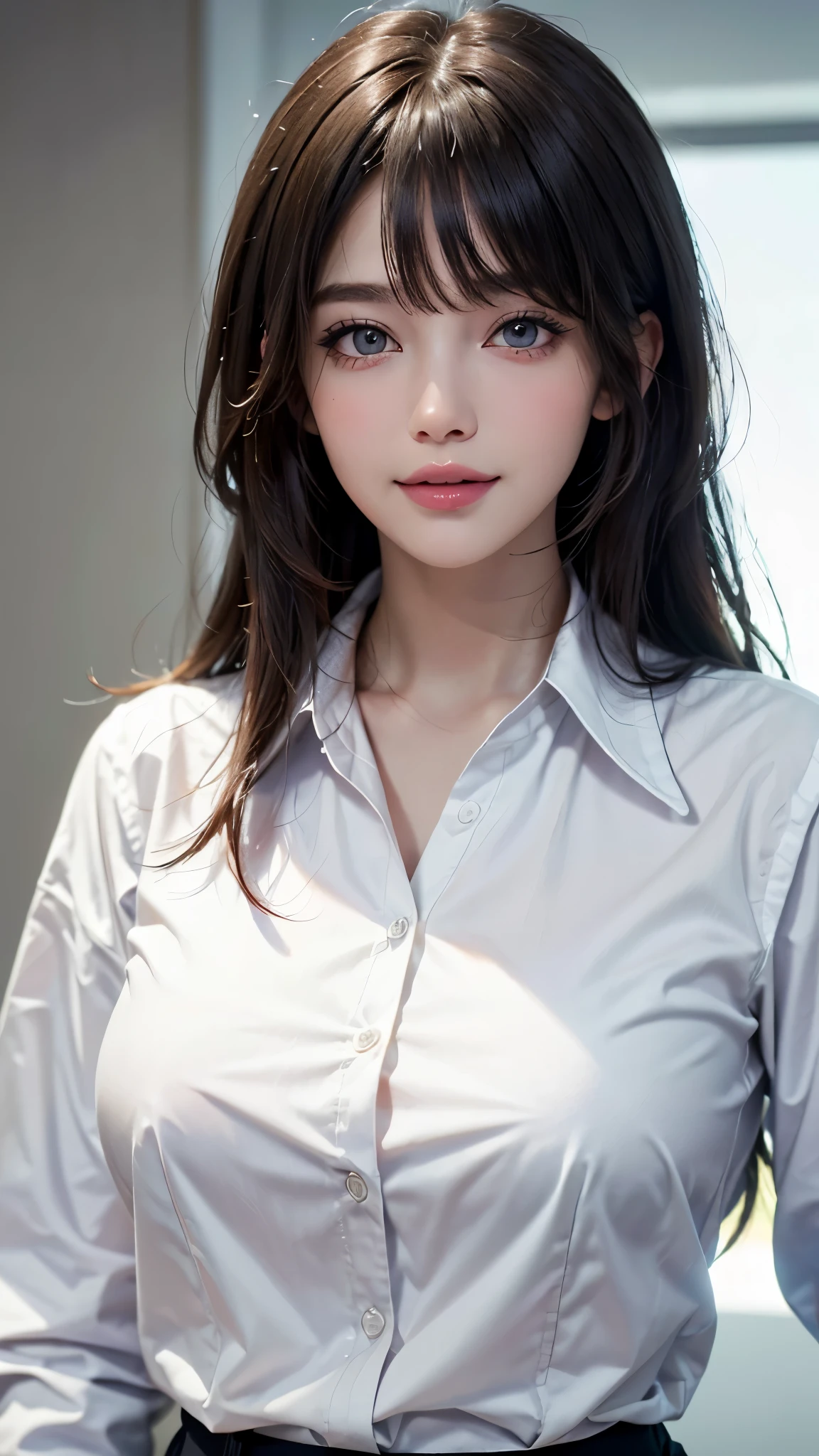 (UHD, retina, masterpiece, accurate, anatomically_correct, textured_skin, super_detail, high_details, high_quality, best_quality, high_res, 1080P, HD, 4K, 8k, 16k), (beautiful_detailed_eyes, beautiful_detailed_lips, extremely_detailed_eyes_and_face), soft_lighting, physically-based_rendering, vivid_colors, (large_breasts, glamorous_body:1.5), (shiny_hair, shiny_skin, tanned_skin, blush), (bangs:1.5), eye_reflection, (bokeh, simple_background), (white_business_shirt:1.5), smile_and_laugh,