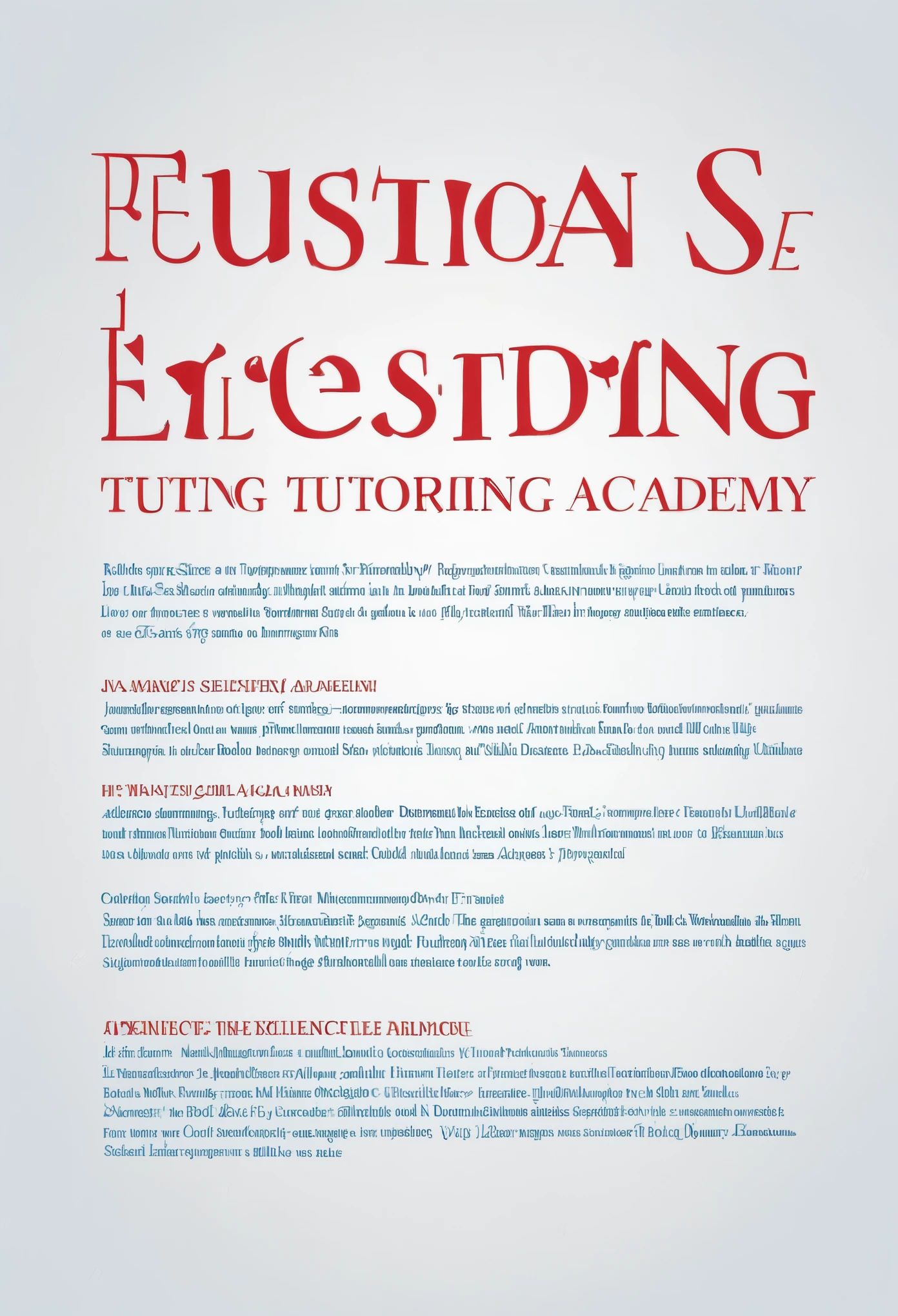 Draw a poster

Title: EXCELLENCE TUTORING ACADEMY [ACT]

Design Elements:

- Background: A split of red, white, and blue in a diagonal gradient pattern to encompass the patriotic theme.
- Fonts: Use a bold, sans-serif font for the title "EXCELLENCE" in white on the blue section for high contrast. The words "TUTORING ACADEMY" could be in a smaller but elegant serif font, perhaps in red on the white section to maintain readability.
- Decoration: Add minimalist icons or illustrations of books, atoms, or geometric shapes to represent physical science and maths.
- Subject Information: Below the title, clearly list the subjects "Physical Science" and "Maths" in a bold font with aesthetic flair, each followed by "R150".
- Contact Details: At the bottom of the poster, include "Contact us at: 0812336753" in clean, easy-to-read lettering, possibly in blue on a white banner to stand out.
