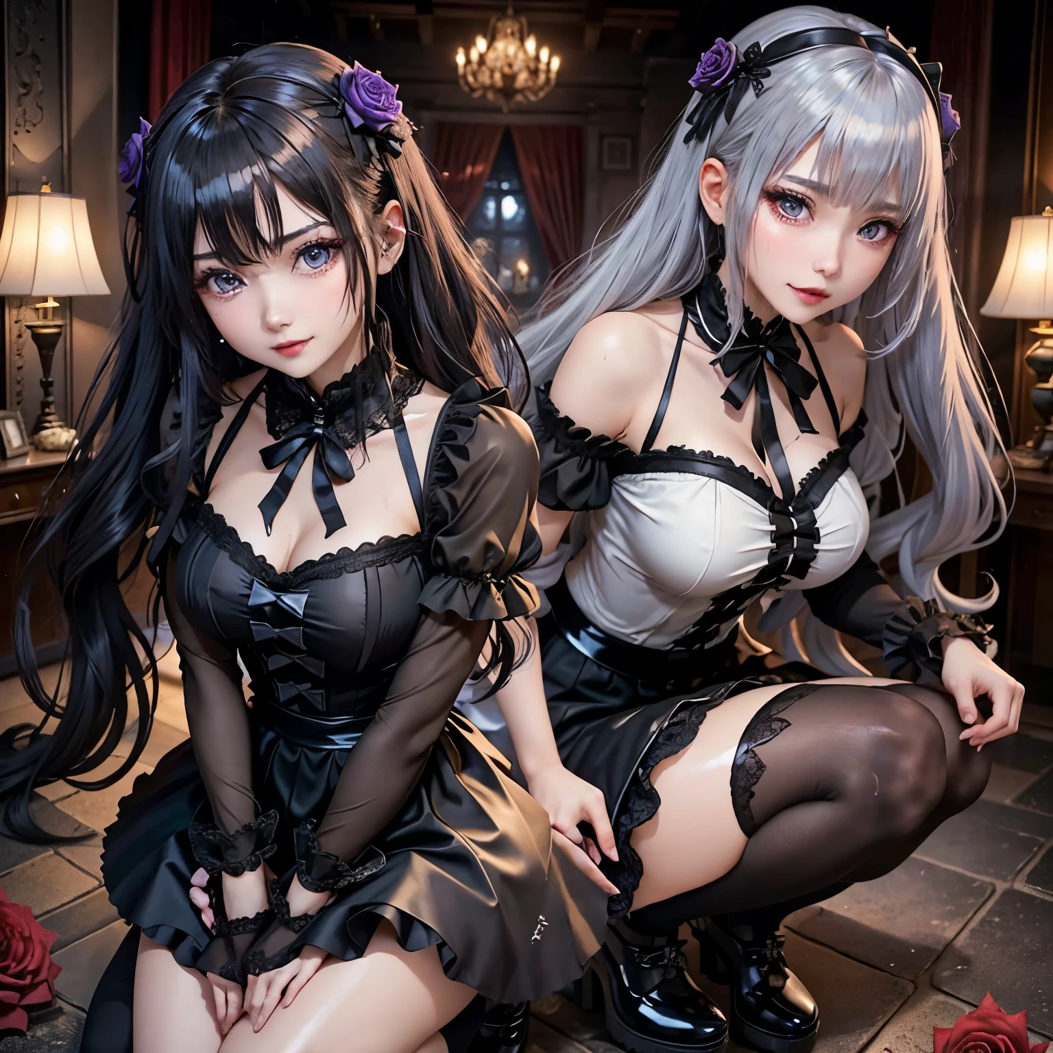 ハードdark gothicメイク、my sanity、deep night sky、horror、black dark eyeshadow、cry、grieve、Good skin glow、dark gothicメイク、dark smile、restless palace、fragrant beauty、22 years ago、lure、Expression of intense sexual pleasure、embarrassed look、dark gothic、lewd expression、debris flies、highest quality、View 5 books、Expression of sexual pleasure in suffering、drunk face、purple maid outfit、Mysterious、Noble、A face that is holding back the toilet、super sexy、loving smile、twin tail hair、jet black ruffle skirt、right blue eye, left eye is red、バラで覆われたゴシック様modeのベッド、Super bewitching pose、stick out your butt、platform heel shoes、dark makeup、black lipstick、Stained glass、black metal world、open your legs loosely、make the world beautiful、sit on a bed of roses、gothic ****ta clothing、comb hair、A little slender、silver hair、long hair straight hair、cute gothic ****ta dress、beautiful face、elegant face、bewitching face、knee high socks、Stained glassが背景、My chest is shiny from a lot of sweat、the room is dark、goth long dress、bell sleeve、wizard sleeve、decadent look、sexually excited look、part of hair、mode、ゴシックmode、Glossy thighs wet with water、Thighs wet and shiny with oil、Background of a room full of roses、sad expression、Rose Maiden、embroidery is pink、The costume has pink embroidery、thigh high socks、kneel down、Place your knees on the floor、knee high socks、Her thighs shine with a lot of sweat.、kneel down、my body is wet and shiny、Lots of glitter on the thighs、sweating、Excessive sweat and stickiness on thighs、Sweat glistens on my thighs, The whole body is sweaty and shiny、pretty sweaty、My thighs are sweaty、my thighs are so wet、I sweat a lot and my thighs are shiny..、A large amount of sweat shines all over the body、spread your legs wide、slender body、gentle expression、masturbation behavior、deep black eyeshadow、despicable act、Stained glassと薔薇背景、wearing black underwear、black panties、thighs are a little thin、duo、female couple、i have lesbian friends、Are standing、hug each other、