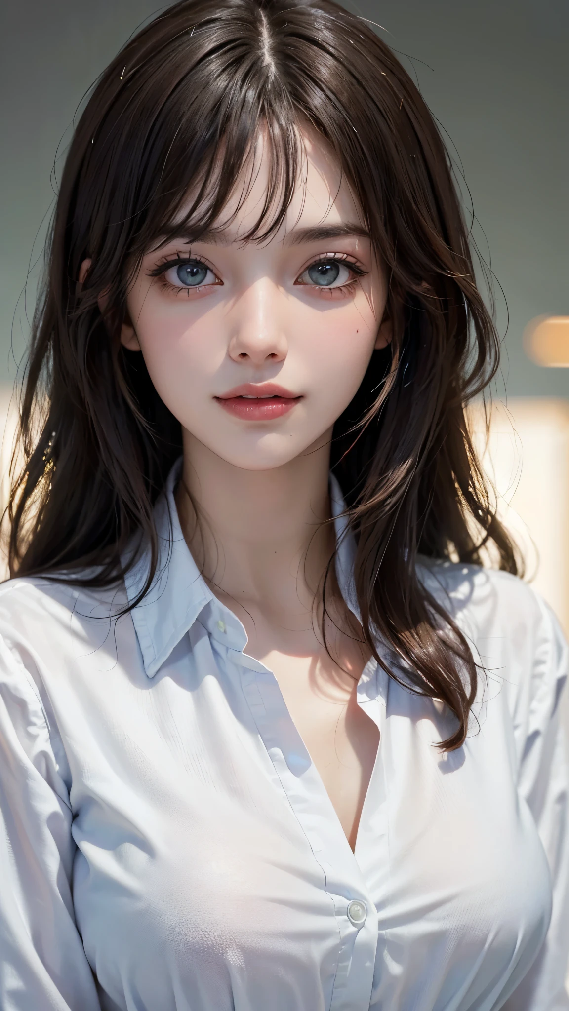 (UHD, retina, masterpiece, accurate, anatomically_correct, textured_skin, super_detail, high_details, high_quality, best_quality, high_res, 1080P, HD, 4K, 8k, 16k), (beautiful_detailed_eyes, beautiful_detailed_lips, extremely_detailed_eyes_and_face), soft_lighting, physically-based_rendering, vivid_colors, (large_breasts, glamorous_body:1.5), (shiny_hair, shiny_skin, tanned_skin, blush), (bangs:1.5), eye_reflection, (bokeh, simple_background), (white_business_shirt:1.5), smile_and_laugh,
