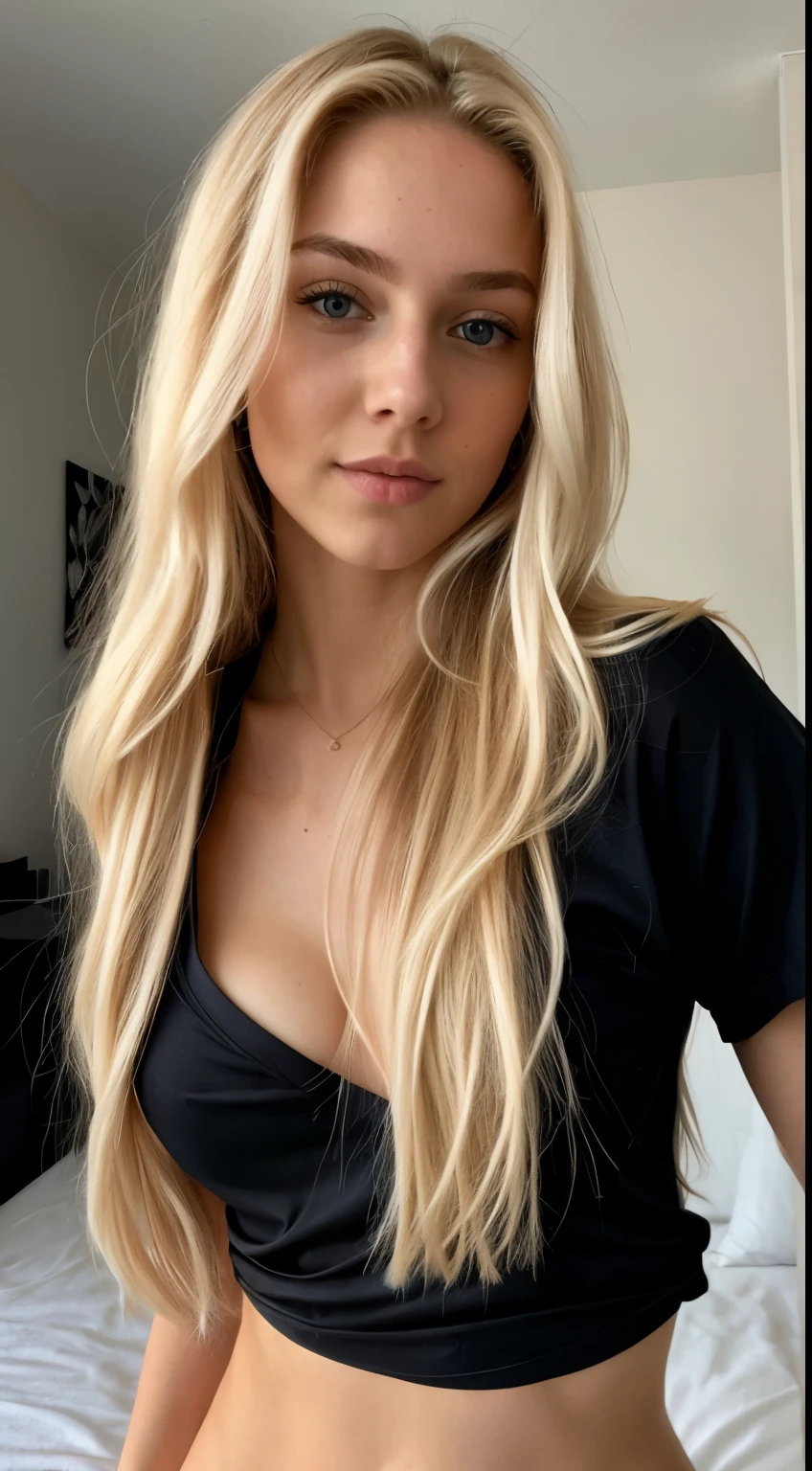 A 19 year old blonde woman, ((small breasts)), ((hyperrealism)),. blonde hair, extra long hair, very long hair, beautiful, front view, selfie, photo taken with iPhone, elegant black shirt with a low cut, bedroom selfie, blue eyes