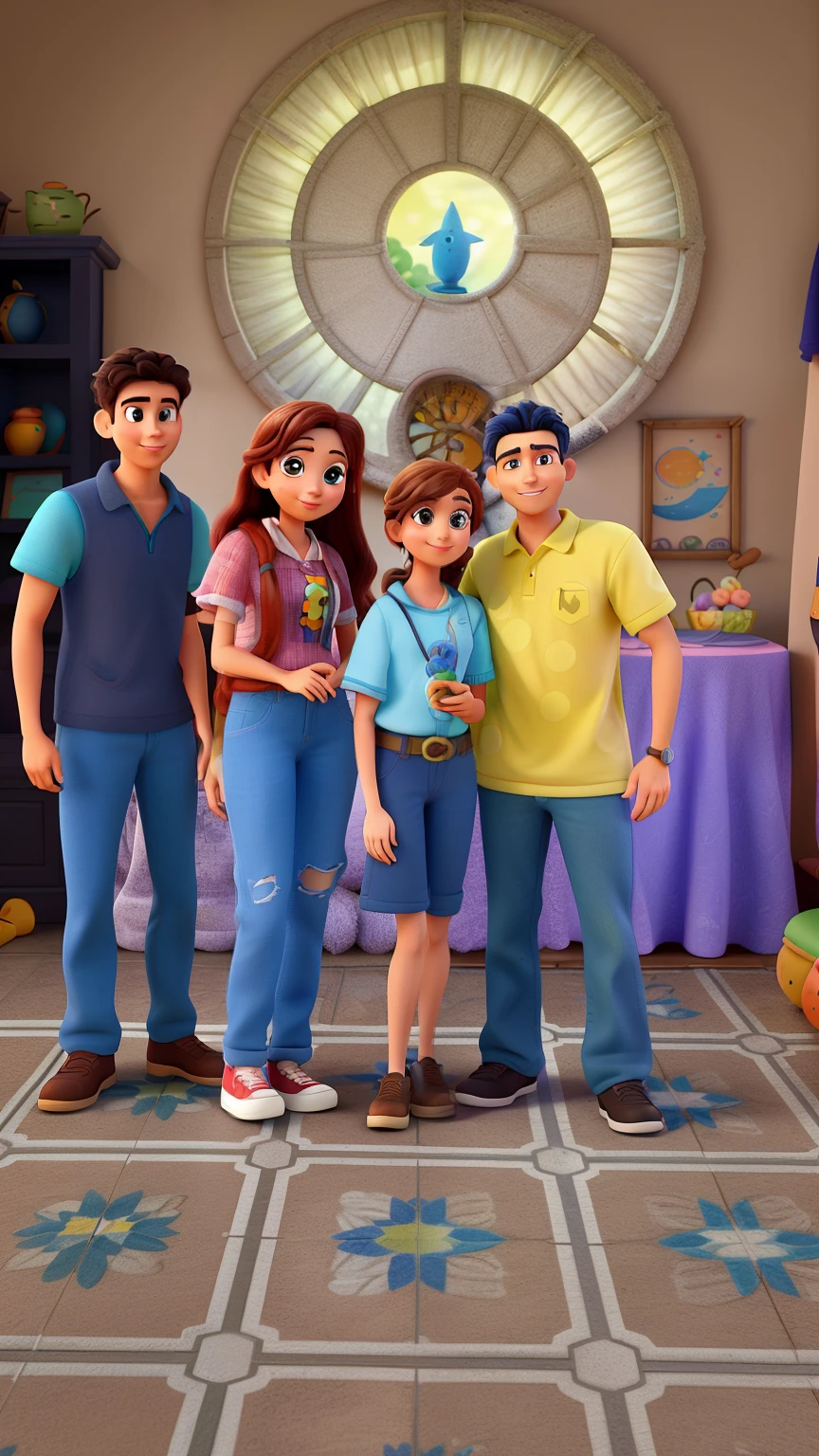 A Disney Pixar-style family, alta qualidade, Melhor qualidade, ultra-detalhado, realista, cores vivas, belos olhos detalhados, Beautifully Detailed Lips, olhos e rosto extremamente detalhados, long eyelashes, 2meninas e 2 homens, happy expressions, roupas coloridas, dynamic poses, em um ambiente de jardim animado, cercado por flores coloridas e folhagens vibrantes, com uma atmosfera ensolarada e acolhedora, Capturando um momento alegre e emocionante, with a whimsical and playful art style, studio lighting, paleta de cores vibrantes e vivas, capturing the essence of Disney Pixar animations, with a sharp focus on character detail, bringing out the magical and imaginative world of the scene, com um efeito bokeh adicionando profundidade e foco nos personagens, in a digitally rendered illustration, similar to a 3D animation, com uma pitada de nostalgia e uma qualidade atemporal, Criando uma obra-prima.