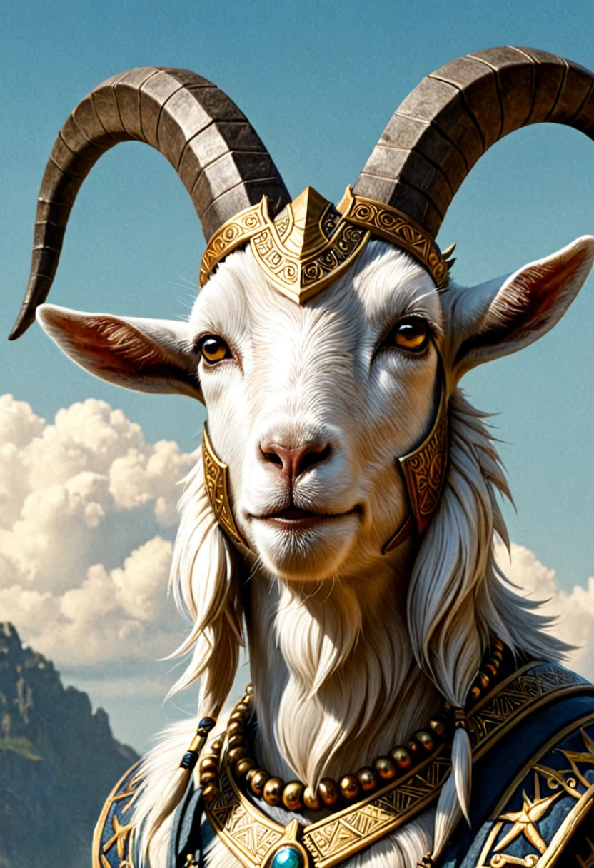 Close-up of a goat with a horned headdress against the sky, furry fantasy art, wonderful, by Kelenbeit, Awarded at cgsociety, furry digital art, Cat Warrior, 4K high-definition digital art, Dramatic cinematic detailed fur, Fantasy Epic Digital Art, g cgsociety, Epic fantasy digital art, Antro Digital Art