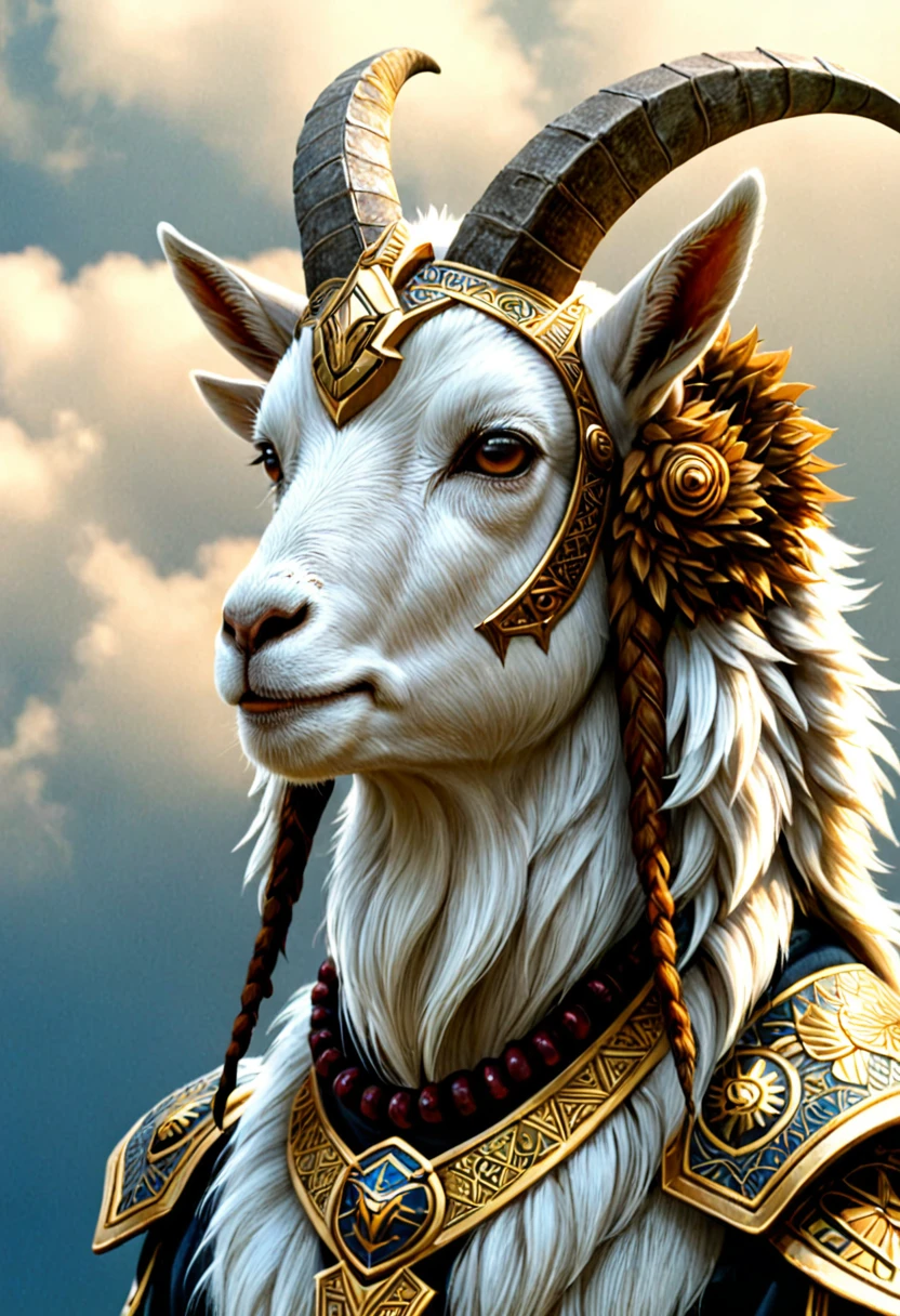 Close-up of a goat with a horned headdress against the sky, furry fantasy art, wonderful, by Kelenbeit, Awarded at cgsociety, furry digital art, Cat Warrior, 4K high-definition digital art, Dramatic cinematic detailed fur, Fantasy Epic Digital Art, g cgsociety, Epic fantasy digital art, Antro Digital Art