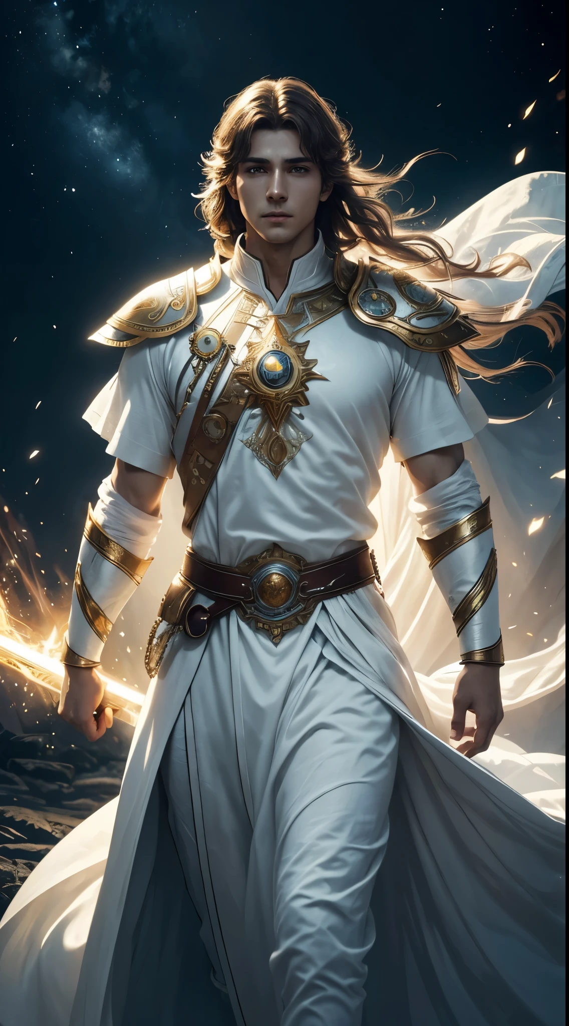 (8k), Ultra resolution 8K, Stunning illustration of a celestial splendid, Ethereal hero , Warrior Prince,, Flowing luminous white tunic suit ,cinematic lighting, man.