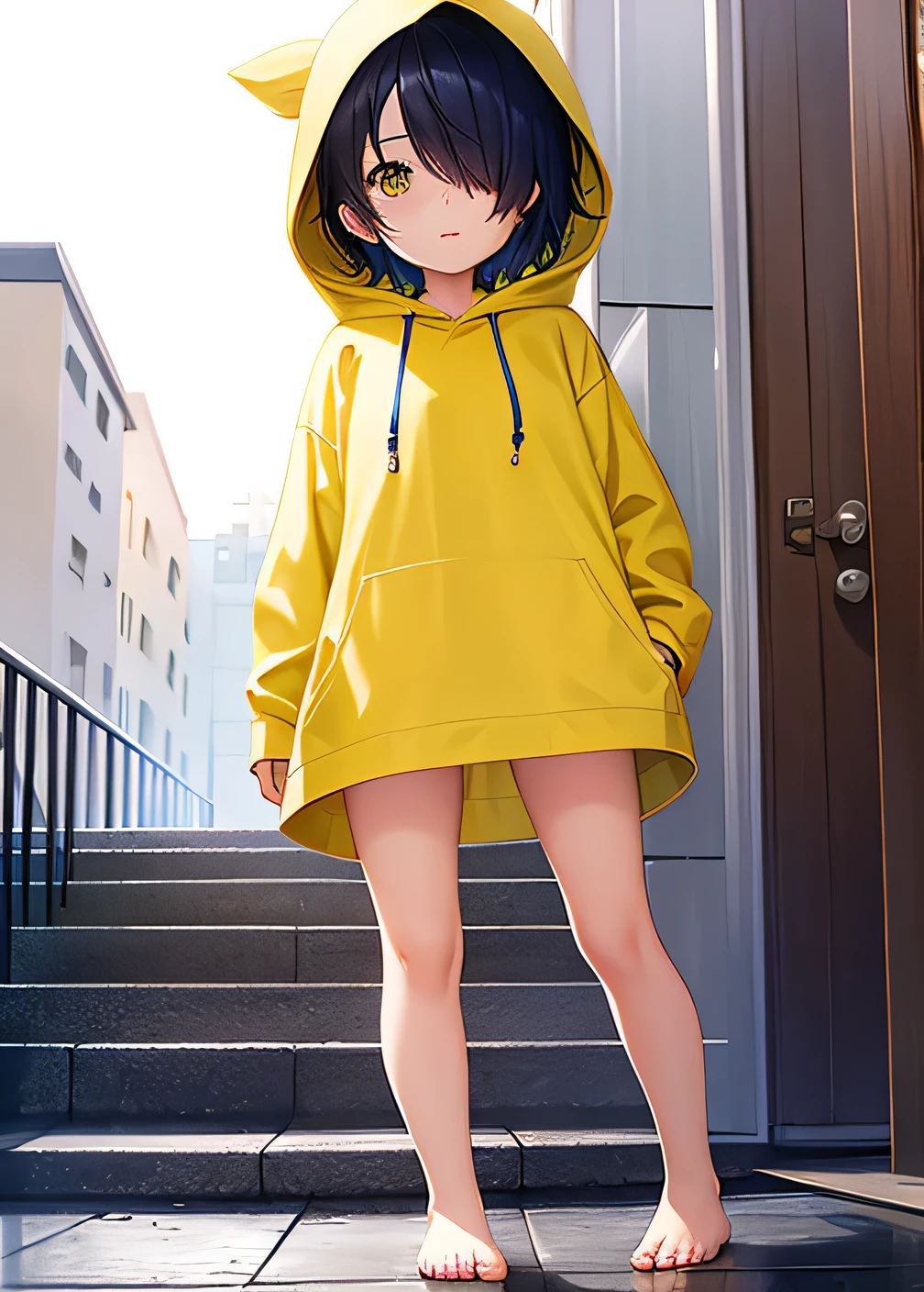 Yellow hood, yellow rain hood, (((hair over eyes))), Litte, girl,  kid, ((One eye)), simple hood, ((yellow hood)), bottomless, nothing underneath, (naked hood), (Hair in eyes), Black hair, Slim, ((Short hair)), Seeing from below, gojo eye, Rain, Sidewalk, 5 fingers,