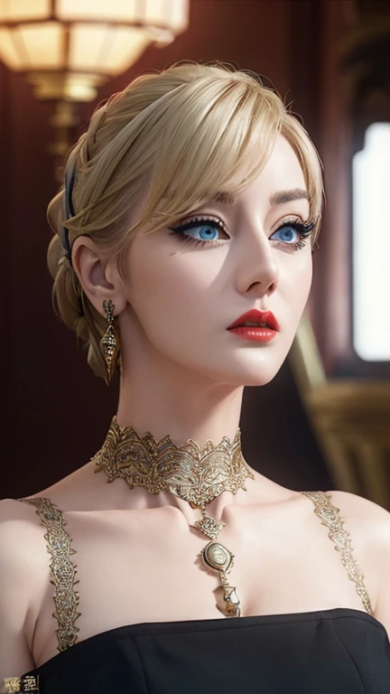 portrait, realistic, elegant mature woman, blue eyes, blonde hair, 8k resolution cg, beautiful cg, soft light,Ring earrings, necklace, (thick eyeliner), (eye shadow),(red lips),