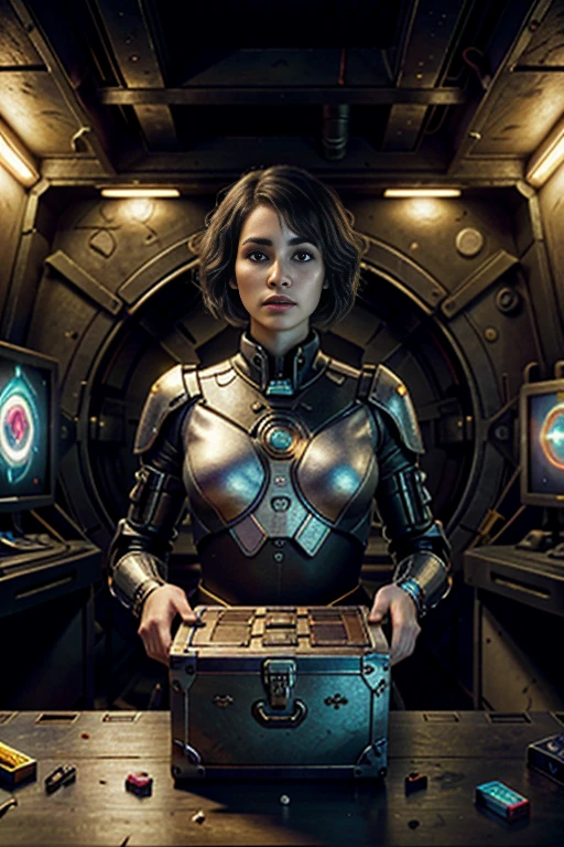 (best quality,4k,8k,highres,masterpiece:1.37), ultra-detailed, (realistic,photorealistic,photo-realistic:1.5), pixel art, (aerial view), (top down perspective), beautiful, (the focal point is one woman pulling a video game cartridge out of a futuristic artifact chest full of retro video game cartridges:1.6), (the woman is looking down:1.5), (Futuristic artifact box), (The woman is looking inside the artifact box:1.6), (the artifact box is open), (The scene unfolds inside a mystical cavern:1.4), mecha, cbpkv5, (The woman is wearing a high-tech blue black metal cyberpunk bodysuit:1), (dynamic angle:1.4), (The woman has beautiful short platinum hair:1.6), (fantasy and sci-fi mixed:1.5), holographic glitch effects floats around the woman, vibrant colors, (A purple glow emanates from inside the treasure chest), glowing lights, (abandoned machinery), (there are old video game cartridges and consoles on the background), mystical creatures, pixelated details, (there are crystal formations spreading on the background), (futuristic technology), (ancient artifacts), mystical energy, vibrant retro aesthetic, atmospheric lighting, hidden passages, ancient ruins, mysterious symbols, shimmering water, lush vegetation, interdimensional portals, ethereal music, nostalgic atmosphere, immersive storytelling, epic adventure, delightful surprises
