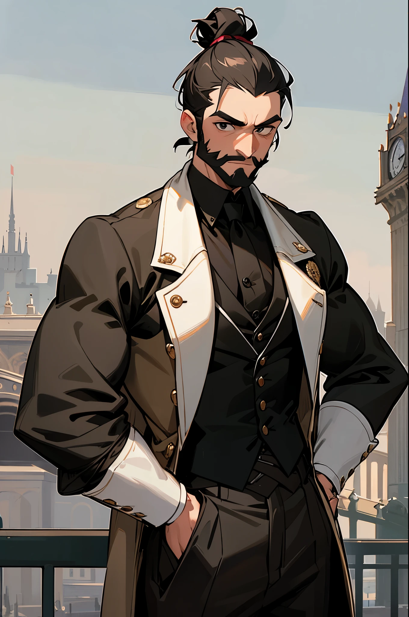 1800's london background, dark skies, london background, 1800's london outfit, black shirt, mustashe, young male, man bun, bearded, muscular