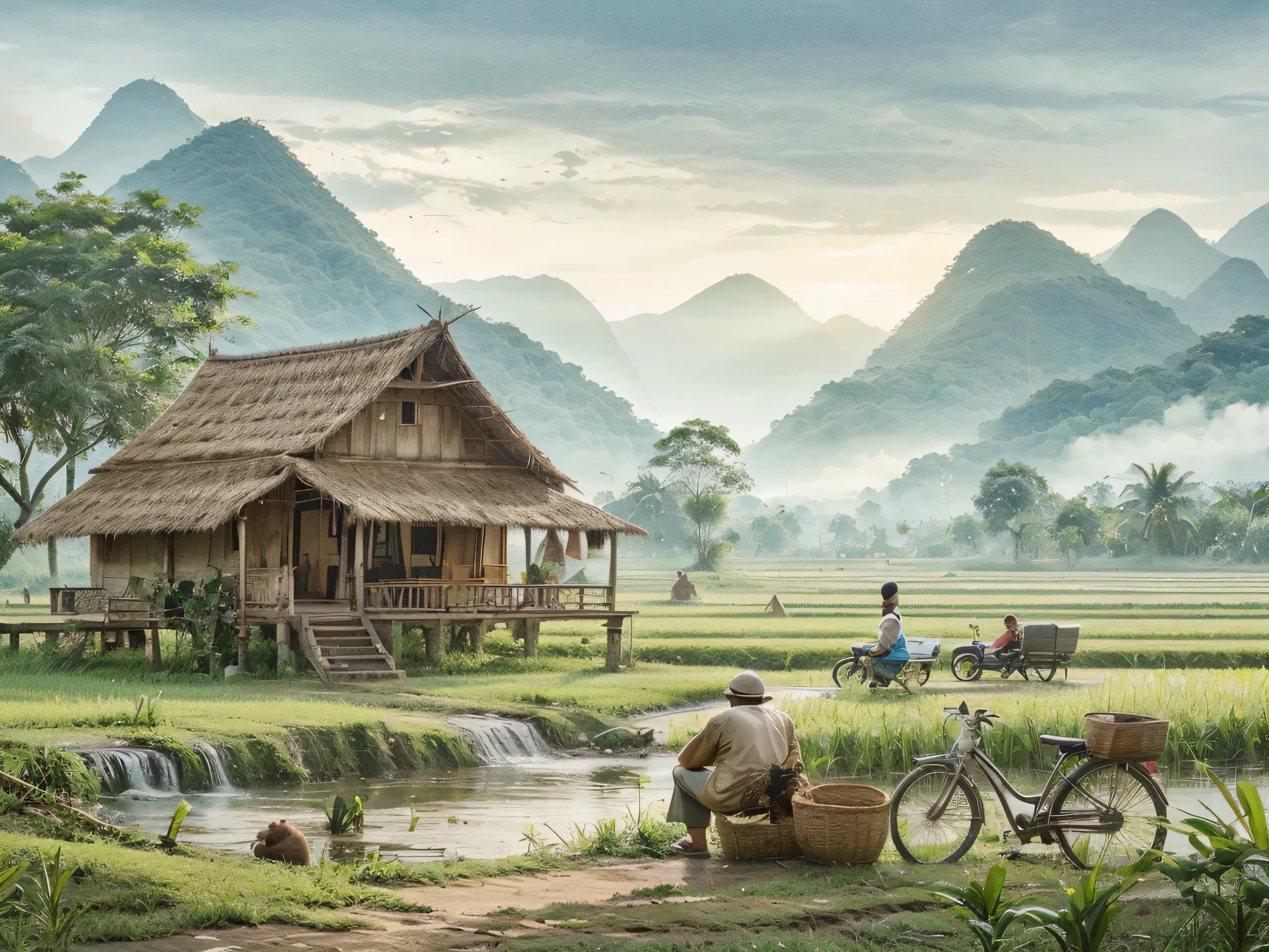 Gambar pemandangan zaman dulu, sebuah gubuk tua di tengah sawah, didepannya terdapat seorang kakek tua sedang duduk, didepan gubuk ada sungai kecil, ada orang lewat menaiki sepeda hendak berangkat kesawah, latar belakang pegunungan dan pohon kelapa, suasana adem sejuk, foto realistik, detail tinggi.cat air.