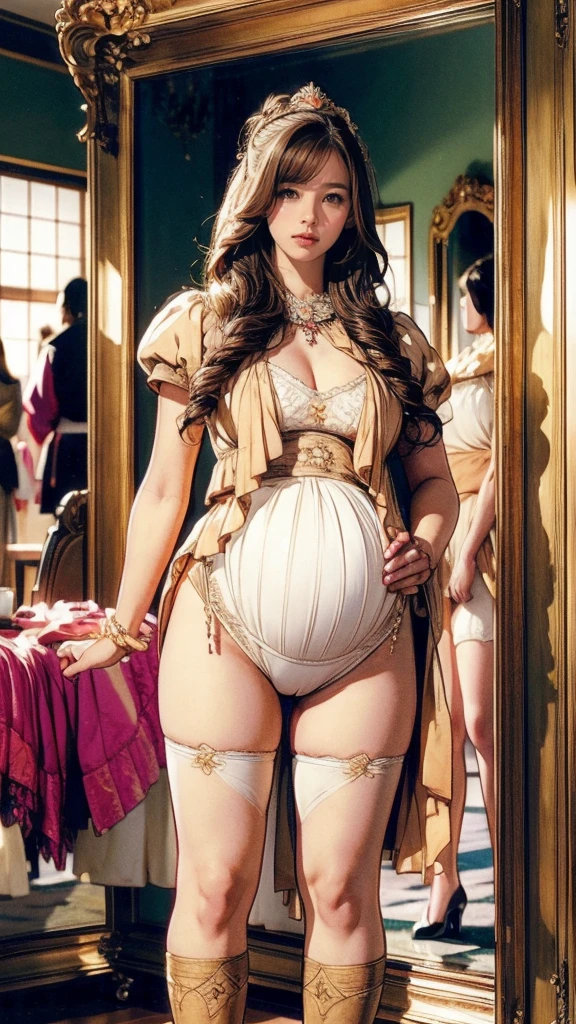 (emilia school), masterpiece, (best quality) , Super fine details, ultra high resolution, realistic, realistic, best aesthetics, Marie Antoinette, Chateau de Versailles, 20 years old, hall of mirrors, circa 1775, hair style, full body shot, 8 thousand, hmm, digital single-lens reflex camera, (((camel toe))), (( Japanese Girl、cute type)), pregnancy,((((big bust))))