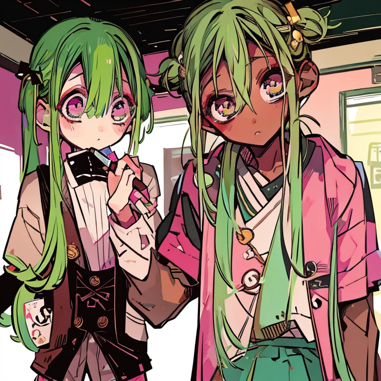 Green hair, pink eyes, brown skin, pigtails , girl, beside hanako