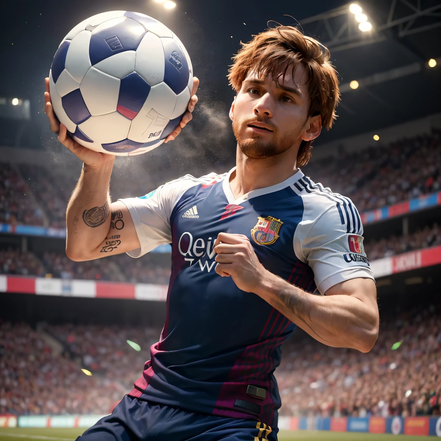 (best quality,4k,8k,highres,masterpiece:1.2),ultra-detailed,(realistic,photorealistic,photo-realistic:1.37),Leo Messi holding the Copa Libertadores de America trophy,Leonel Messi celebrating in a vibrant stadium,breathtaking stadium lights,Leo Messi surrounded by cheering fans,Leo Messi wearing the iconic River Plate jersey,powerful emotions on Leo Messi's face,Leo Messi's iconic dribbling skills on display,Leo Messi supporting his teammates,Leo Messi's passionate victory speech to the crowd,Leo Messi's joyful victory dance,electric atmosphere in the stadium,Leo Messi raising the cup in triumph,Leo Messi's famous ball control,explosive cheers from the crowd,Leo Messi's iconic number 10 jersey,Leo Messi's incredible goal-scoring ability,emblematic River Plate colors,Leo Messi's agile movements,Leo Messi displaying sportsmanship,impressive football skills,Leo Messi's influential leadership,legendary football player,Leo Messi's infectious enthusiasm,exhilarating energy in the air,A moment of history for Leo Messi,unforgettable celebration,Leo Messi's journey to success,exquisite detailing on the Copa Libertadores de America trophy,masterful artistic interpretation,Leo Messi's legendary status as a football icon,Leo Messi's determination to win,Leo Messi's indomitable spirit,riveting football performance by Leo Messi,Leo Messi's fierce competitiveness,Leo Messi's magical presence on the field,Leo Messi's commitment to excellence,Leo Messi's winning mentality,Leo Messi's magical connection with the ball,vibrant colors depicting the intensity of the moment.