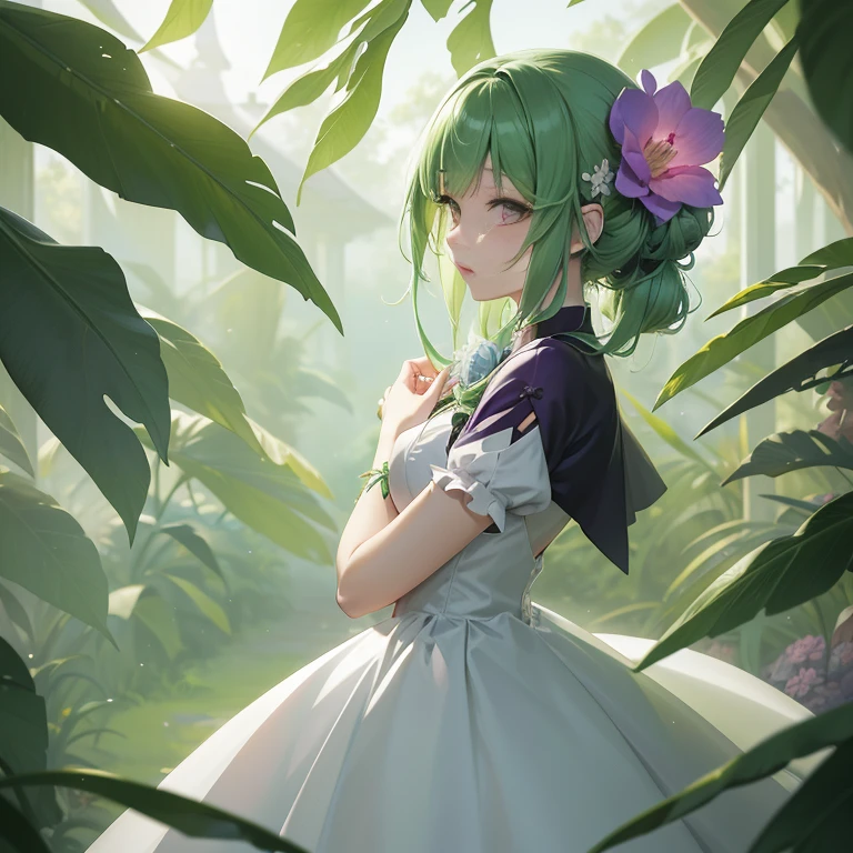 anime girl in a white dress with green hair and a purple flower, anime lush john 8k woods, a maid in a magical forest, guweiz on pixiv artstation, artwork in the style of guweiz, guweiz, guweiz on artstation pixiv, made with anime painter studio, ayaka genshin impact