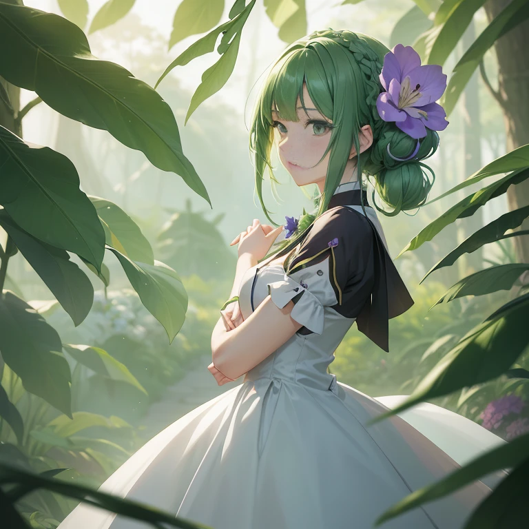 anime girl in a white dress with green hair and a purple flower, anime lush john 8k woods, a maid in a magical forest, guweiz on pixiv artstation, artwork in the style of guweiz, guweiz, guweiz on artstation pixiv, made with anime painter studio, ayaka genshin impact