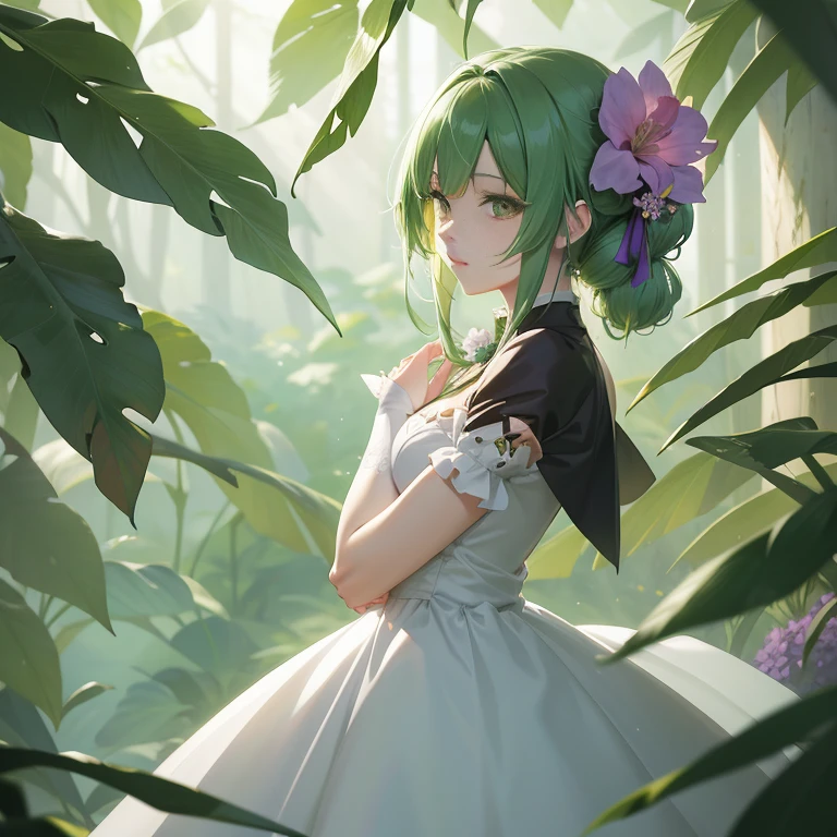 anime girl in a white dress with green hair and a purple flower, anime lush john 8k woods, a maid in a magical forest, guweiz on pixiv artstation, artwork in the style of guweiz, guweiz, guweiz on artstation pixiv, made with anime painter studio, ayaka genshin impact