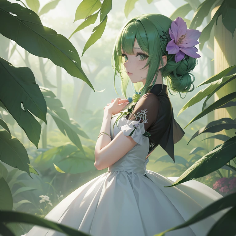 anime girl in a white dress with green hair and a purple flower, anime lush john 8k woods, a maid in a magical forest, guweiz on pixiv artstation, artwork in the style of guweiz, guweiz, guweiz on artstation pixiv, made with anime painter studio, ayaka genshin impact