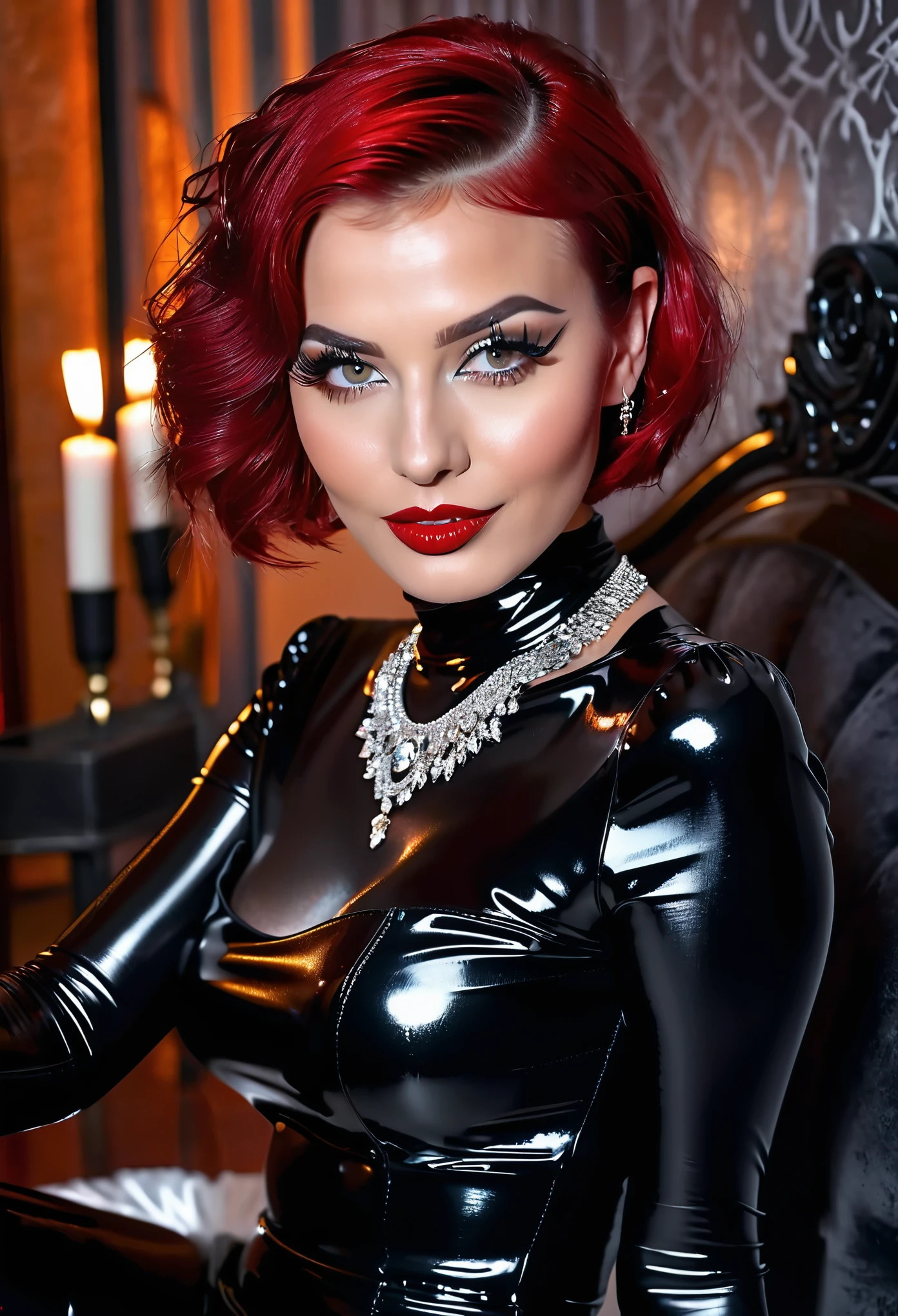 complete body foto with Canon EOS 5D Mark IV. a seductive gothicdiva in a black shiny latex dress of the shoulder with perfect legs in shiny highheals, short gelled wetlook red haircut. piercing sparkling pupils. alluring smiling. full lips. athletic body. perfect bosom. latex gloves. sitting on a black latex-bed in a modern black marble villa at night. seductive. extravagant dark eye-make-up lets her look very elegant and seductive. very long and dense eyelashes. black necklace. diamond. candles. her eyes are sparkling and faszinating in the moonlight. nighttime. highly detailed, best quality. close up with highly detailed face und full lips.