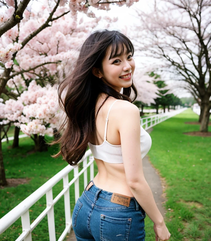 ((最high quality、8K、masterpiece、portrait:1.3)), hair, fine eyes, Single-lens reflex camera, high quality, beautiful japanese woman, 38 years old, Glasses, plump body, very big breasts、黒く長いhair, Rows of cherry blossom trees along the river、white tube top、skinny jeans、barefoot、sandals、wedding ring, rat trail section、Smile kindly, shot from behind