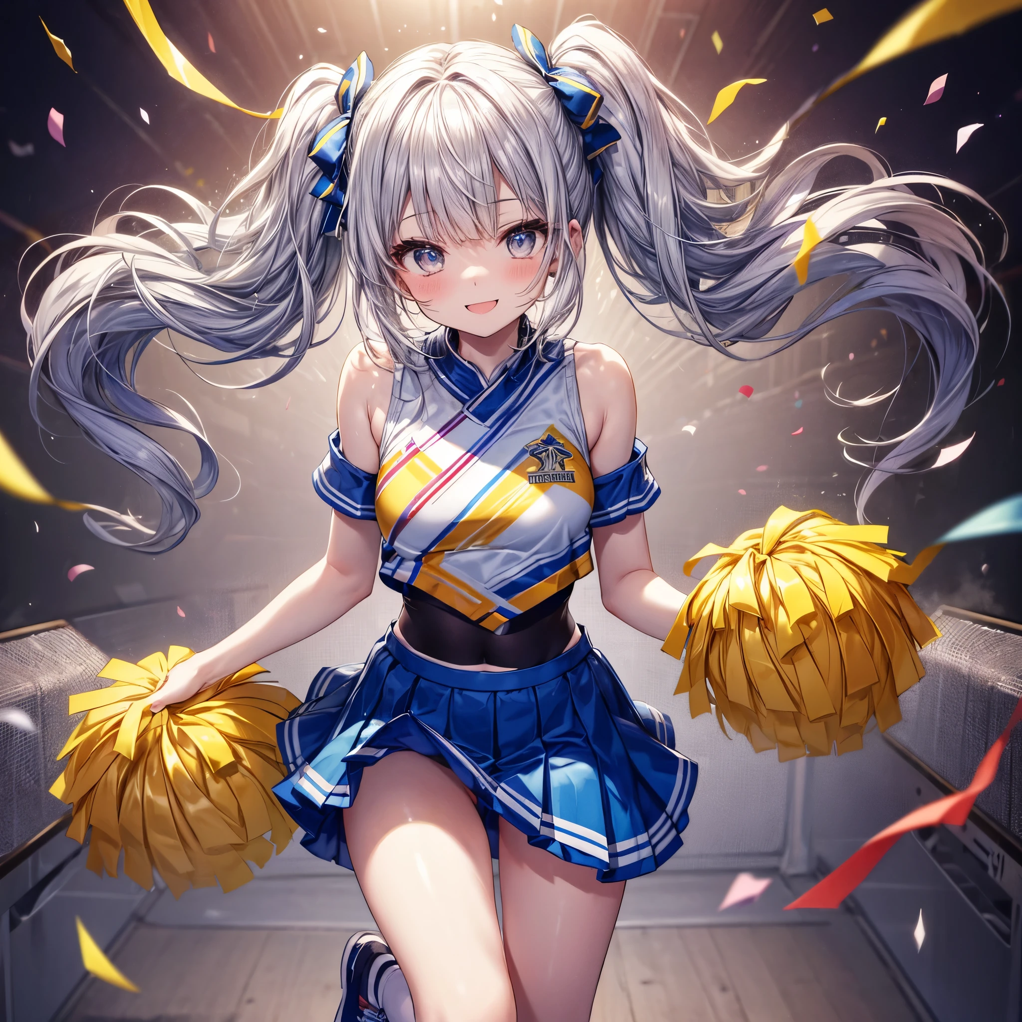 Lots of cheerleaders、torso lift、composition from above、dynamic composition、Cheerleading Team、smile、glitter effect、celebration、confetti、Maid gets torso lifted(silver hair、twin tails)