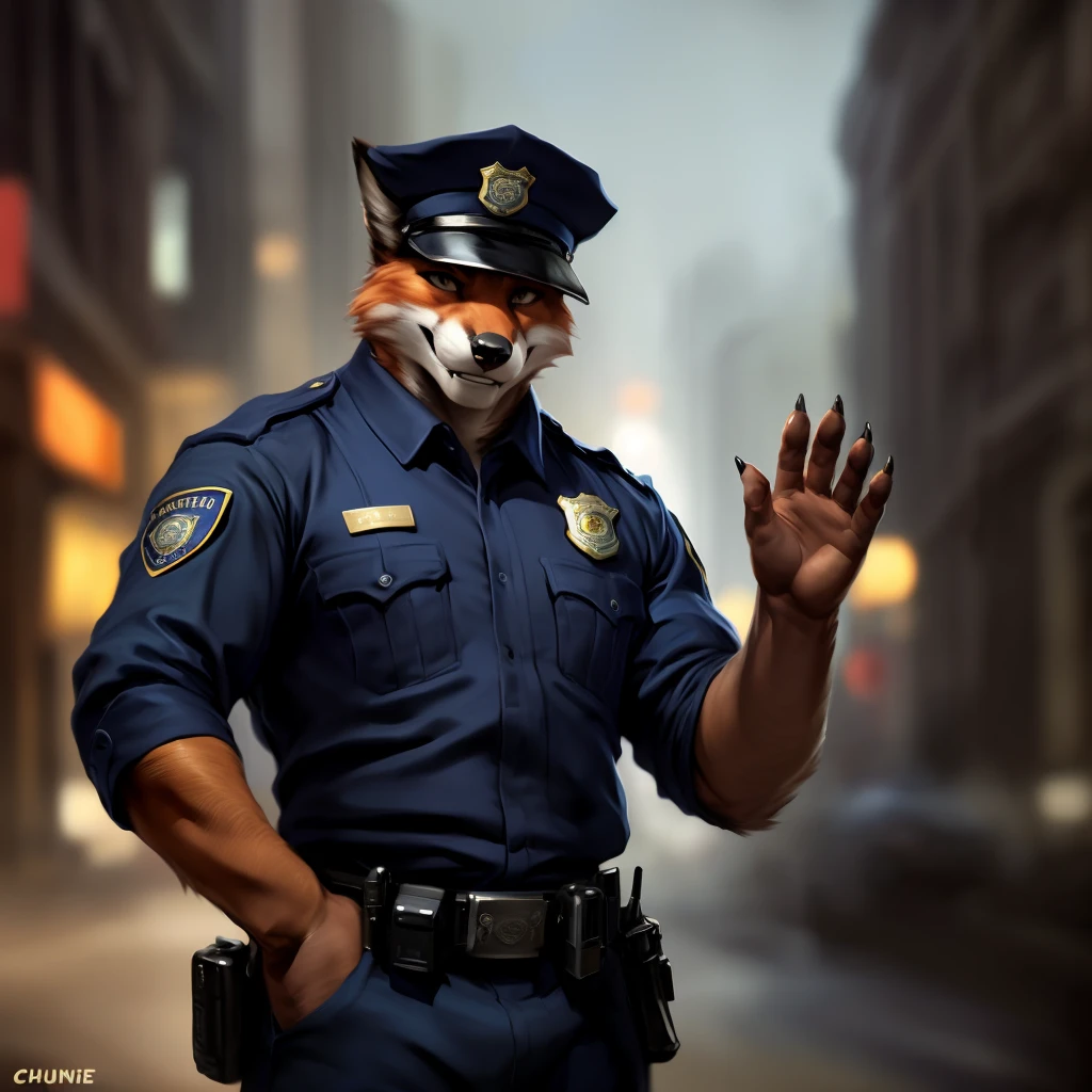 Fox, Male, Solo, Slim Body, Claws, Left Hand waving on viewer, right hand on hips, Fox Tail, Correct Anatomy, Wearing Cop outfit, Cop hat, Police department background, Police Badge, Gun holster, Radio on chest with wire going to back, Smiling, Fox Teeth, Fur, (Photorealistic, Realistic shadows, depth of field, Wide Dynamic Field, Dark Shadows, HDR, Low Light: 1.2, Full Body Shot), (by null-ghost, by Chunie, by darkgem),