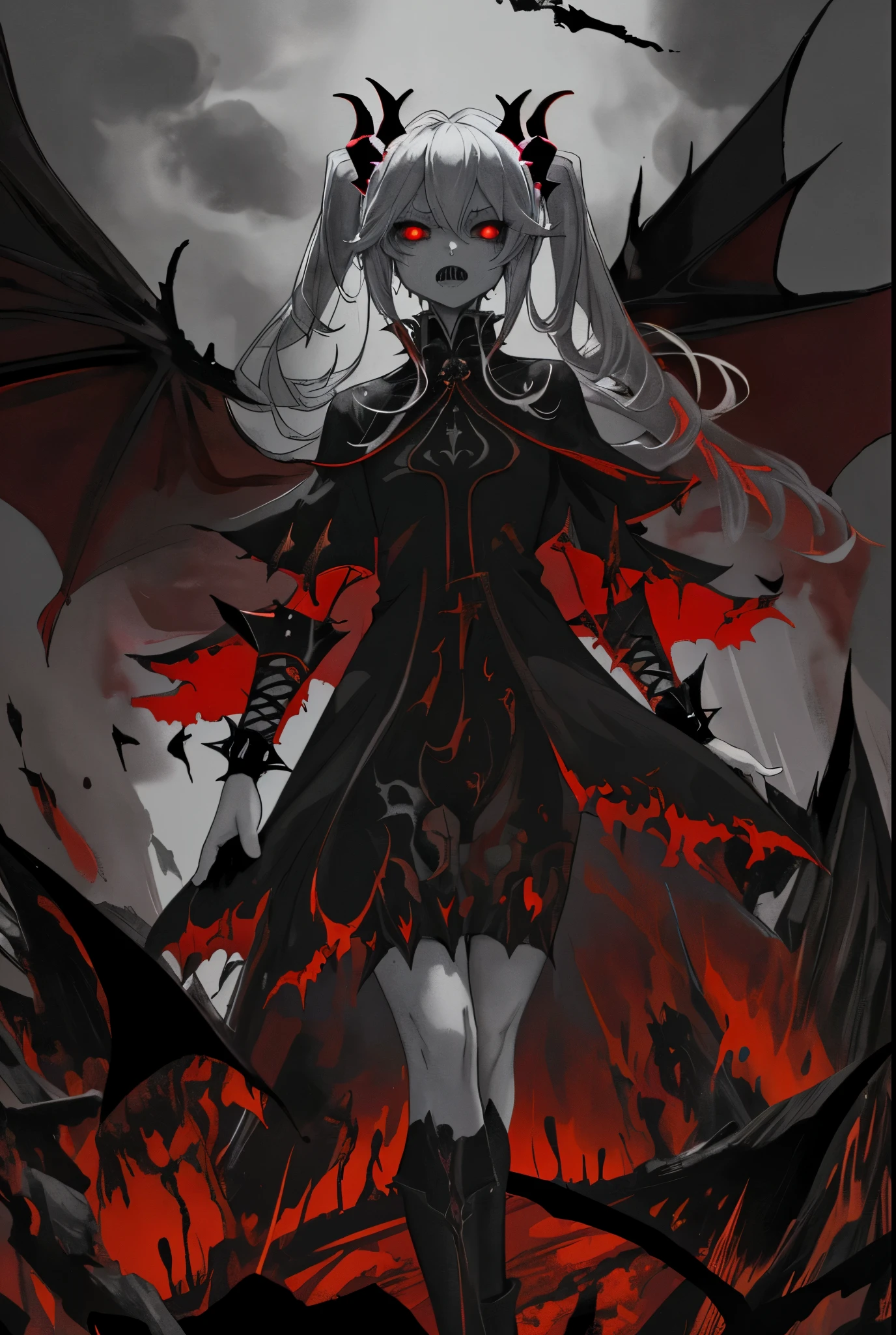 (demon king),dark,evil,terrifying,bloodthirsty,[ominous],powerful,[hellish],scary,menacing,[sinister],spiky,[crown],red eyes,[fiery gaze],sharp teeth,[clawed hands],black wings,[dark energy],intimidating presence,[smoke and flames],shadows,[demonic aura],[ominous atmosphere],sinister grin,villainous,[fierce expression],[eerie glow],[ominous music],[hellish landscape],[thunder and lightning],dramatic poses,threatening posture,commanding presence,desolate kingdom,fiery throne,army of demons,minions,fear-stricken souls,ominous symbol.