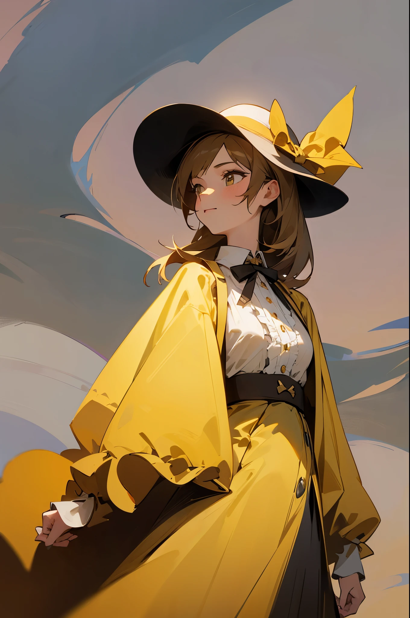1800's london background, 1800's london outfit, yellow dress,sun hat, mustashe, young female, dark skies