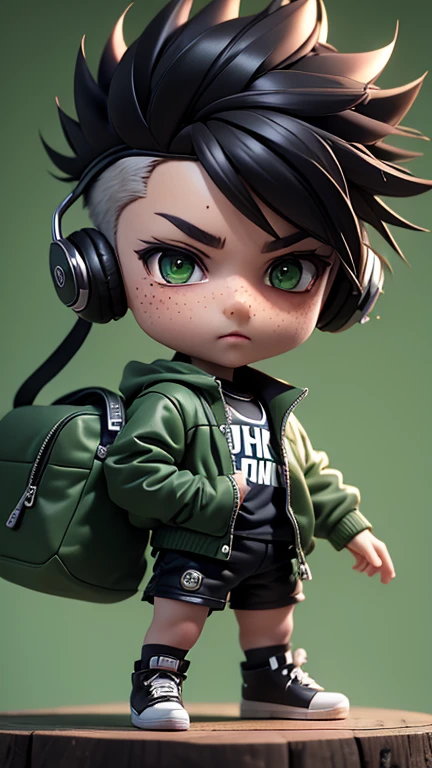 masterpiece, best quality, 8k, cinematic light, ultra high res, chibi, 1boy, shorts, black hair, headphones, bag, spiked hair, green jacket, shoes, brown eyeull body:1.2), freckles, standing,