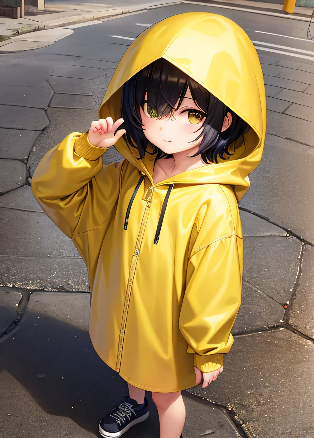 Yellow hood, yellow rain hood, (((hair over eyes))), Litte, girl, ((One eye)), simple hood, ((yellow hood)), bottomless, nothing underneath, (naked hood), (Hair in eyes), Black hair, Slim, ((Short hair)), Seeing from below, gojo eye, Rain, Sidewalk, 5 fingers,