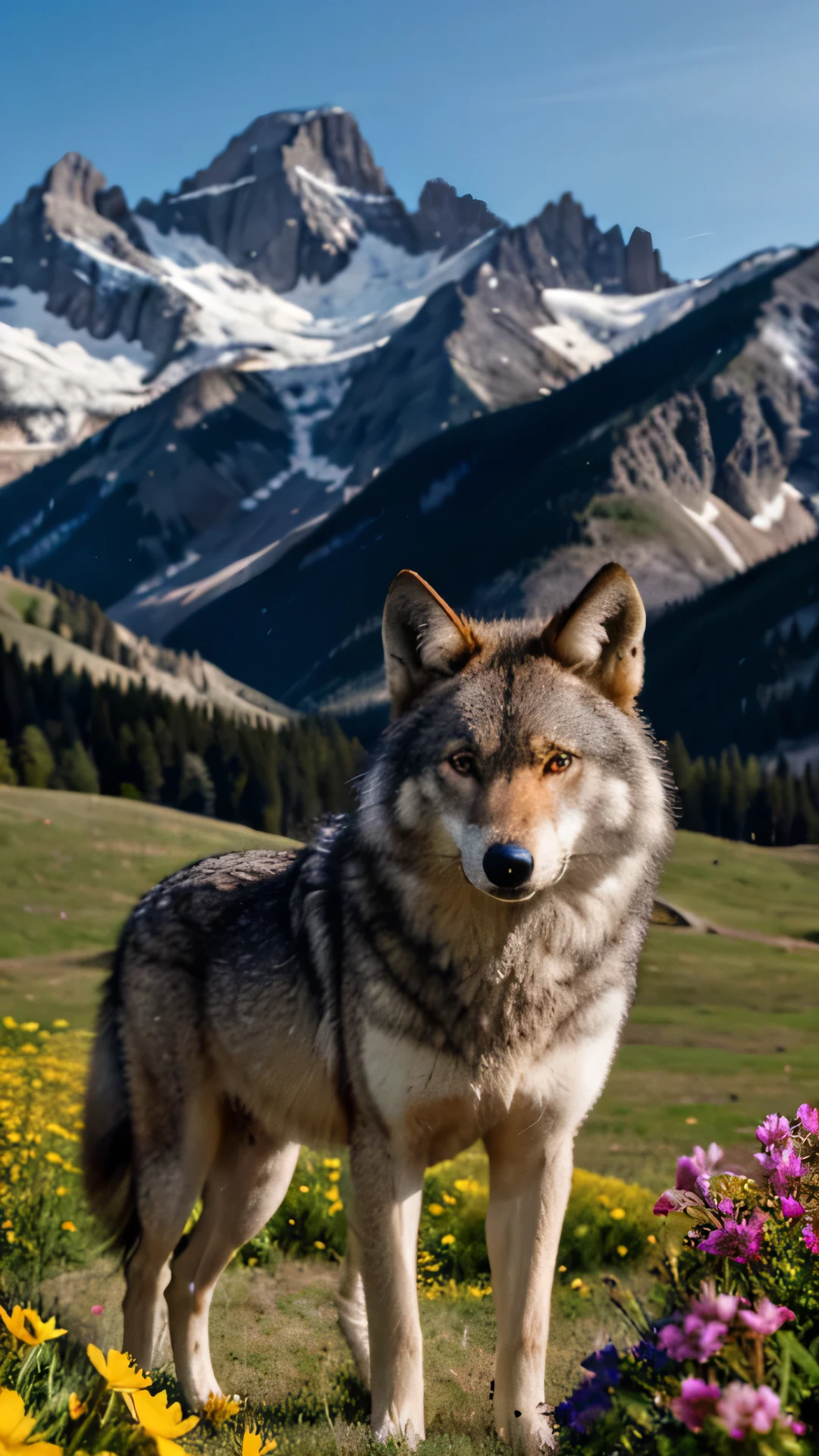 Stunning and highly detailed professional photographs of a majestic wolf nestled among an array of vibrant flowers against the backdrop of towering mountains. The scene is captured using the advanced Hasselblad X1D-50c camera with an ISO setting of 100 and an aspect ratio of 3:2. The images exhibit remarkable clarity and sharpness with a high dynamic range, showcasing the intricacies of the wolf's coat texture and the delicate petals of the flowers. The distant mountains add a sense of depth and grandeur to the photographs, elevating them to a masterpiece level. The vivid and rich colors convey a serene and peaceful atmosphere, making these photographs a truly captivating