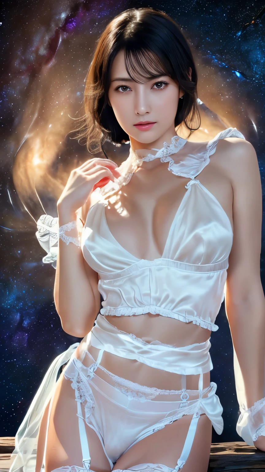 ((table top:1.4, highest quality)), (realistic pictures:1.4), ((1 girl)), glossy black hair, (超High resolution:1.2), very delicate and beautiful, wonderful, Highly detailed CG Unity 8K wallpaper, Super detailed, High resolution, soft light, beautiful detailed girl, highly detailed eyes and face, beautifully detailed nose, beautiful and detailed eyes, (white silk garter belt:1.4), cinematic lighting, perfect anatomy, slender body, firm chest, (Constructing the Night Sky), (Star of the sky:1.4), (The beauty of the light of the Milky Way galaxy:1.4), (Beautiful form with an inorganic atmosphere), cowboy shot, The feet are sticking out of the frame, looking at the viewer