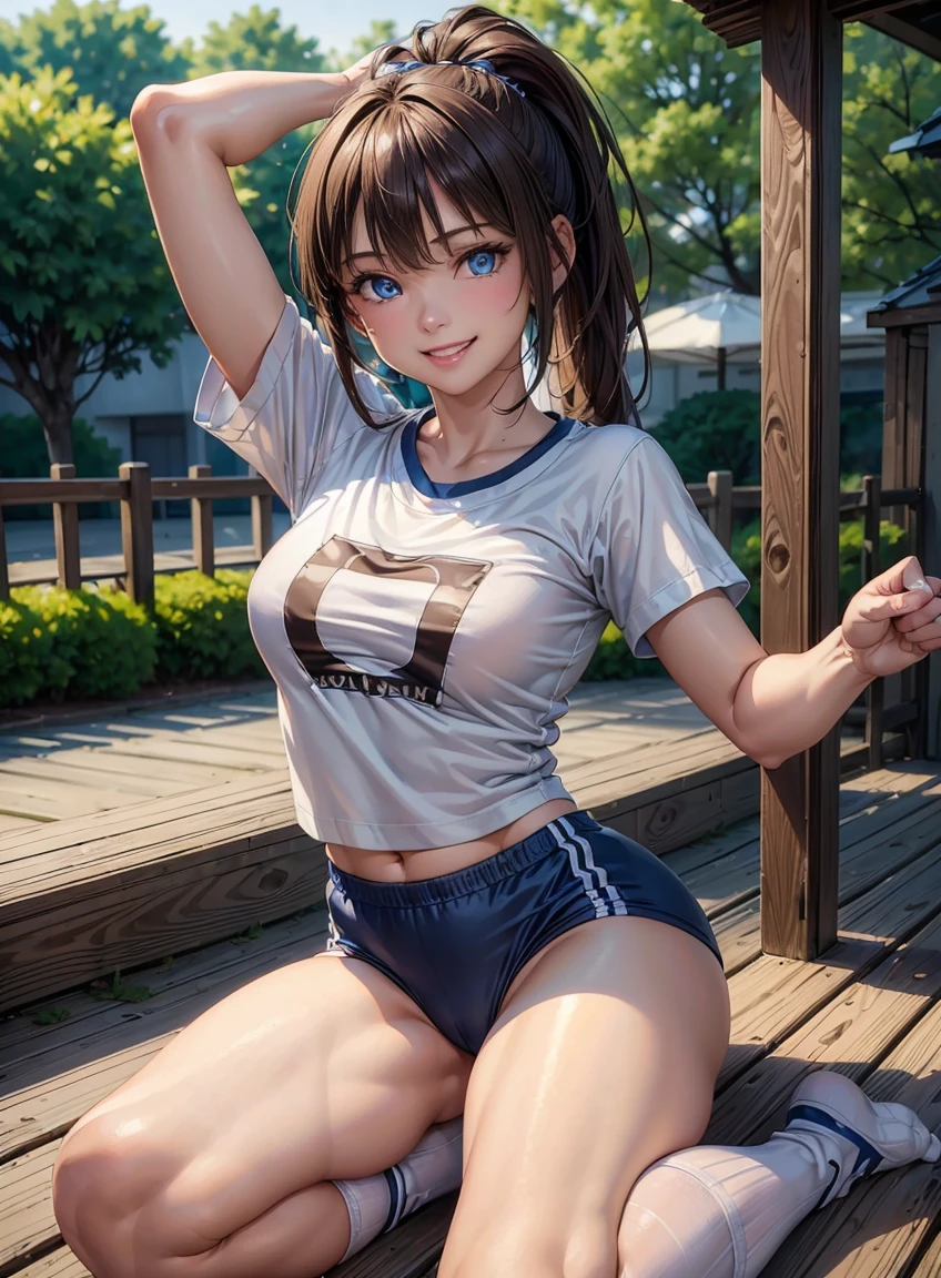 (highest quality:1.3), High resolution, Super detailed, Highly detailed CG Unity 8K wallpaper, realistic, photo-realistic, Raw photo, Beautiful and dense face, realistic glistening skin, fine fabric texture, detailed hair texture, perfect body, beautiful features, Accurate, anatomically correct, Highly detailed face and skin texture, one girl, cute, brown hair, ((ponytail, deep blue eyes: 1. 2)), ((smile showing white teeth:1.3))、thick bangs, ((Small size T-shirt:1.4))、((sportswear、high socks:1.2))、((open your legs wide、Stretching open legs:1.4))、