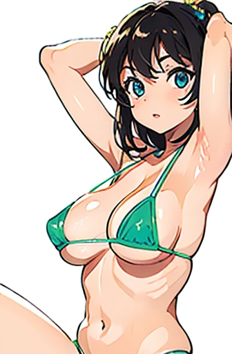 masterpiece, best quality, cute eyes, 1girl, solo, random pose, sexy pose, seductive pose, micro bikini, ((white background)), huge breasts, facing away, armpit,
