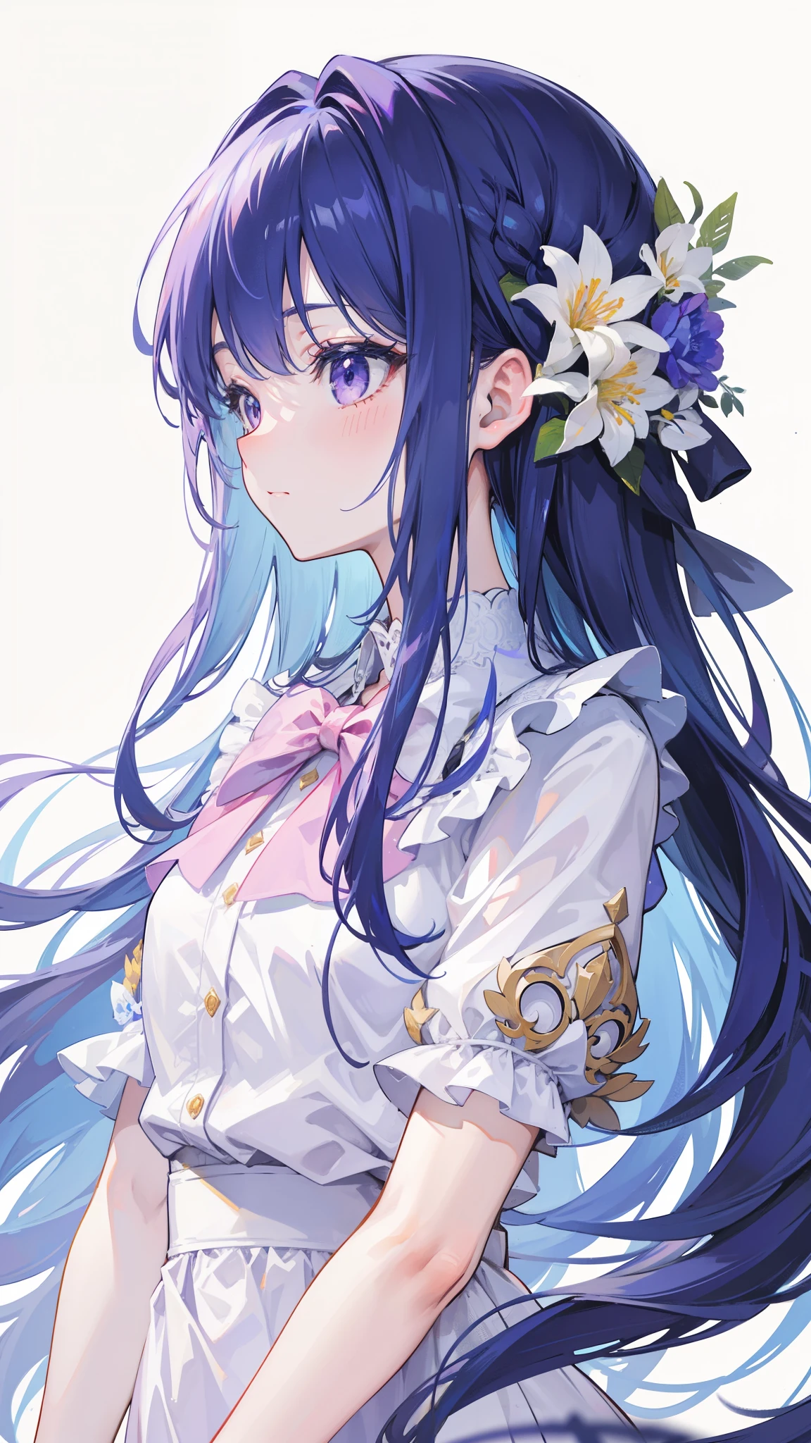 32k, best quality, ultra high res, HDR, UHD, extremely detailed CG, unity 32k wallpaper, highest quality, masterpiece, very detailed, detailed background, 1 girl, alone, long hair, flower, blue hair, white background, pink flower, simple background, profile, Upper body, shirt, white shirt, white flower, bow, bangs, purple eyes, leaf, blush