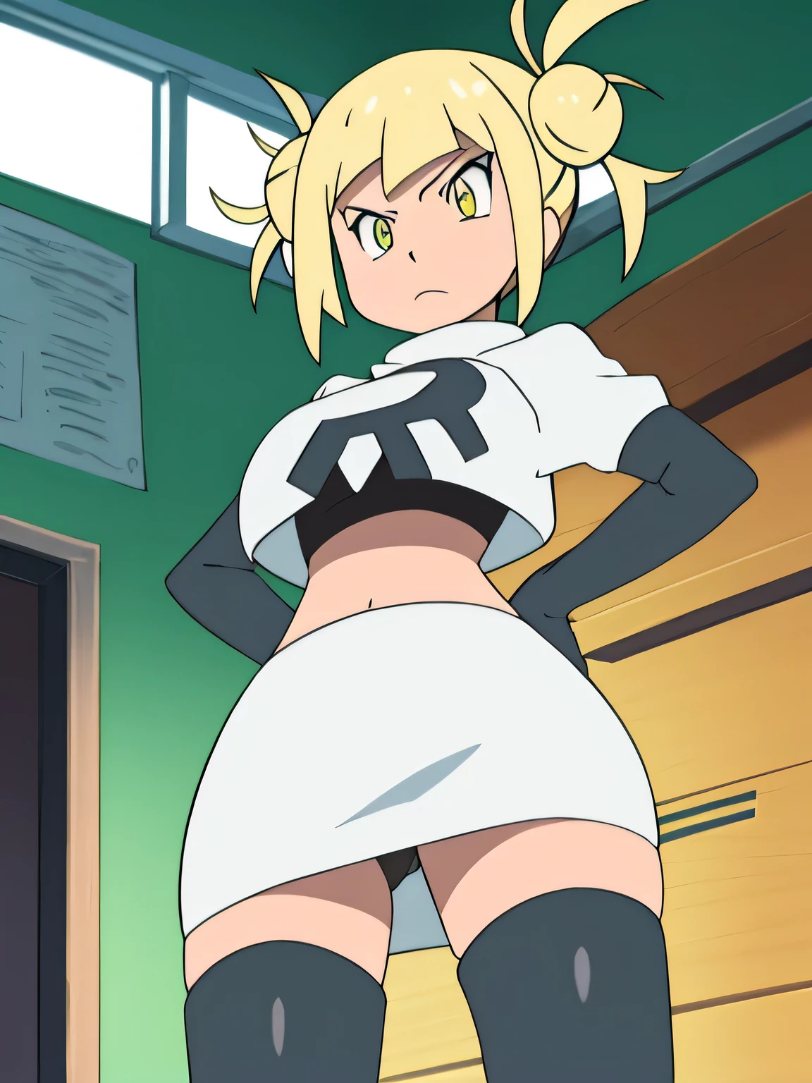 toga himiko,blonde hair,yellow eyes,short hair,8k, masterpiece,highres,very large breast, team rocket uniform, red letter r, white skirt,white crop top,black thigh-high boots, black elbow gloves, glaring angrily, looking down at viewer, hands on hips, cowboy shot, zettai ryouiki,from below, black panties,anime style, vivid colors, sharp focus, intense lighting