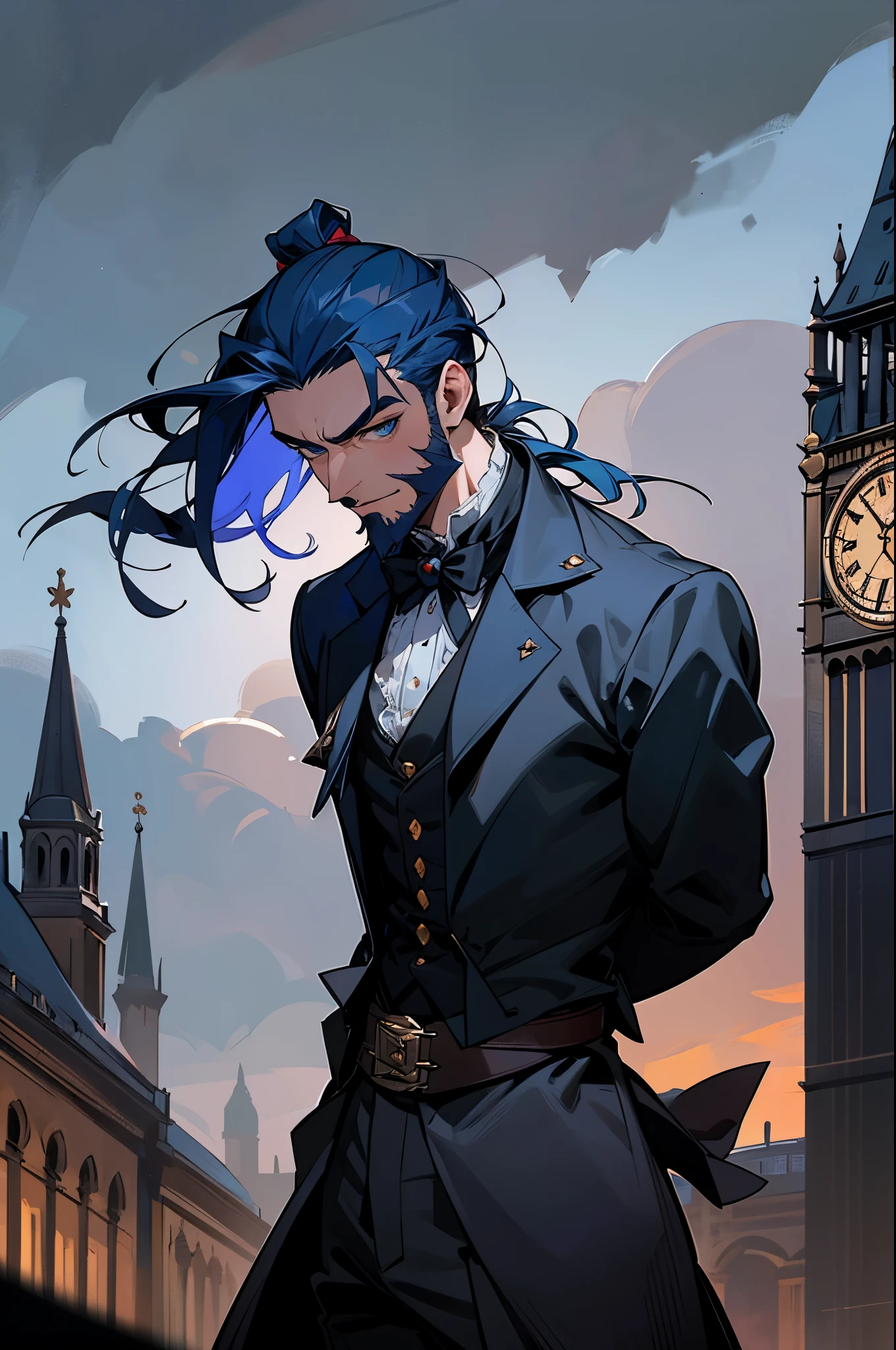vampire,1800's london background, dark skies, london background, 1800's london outfit, black shirt, mustashe, young male, man bun, bearded, muscular, blue hair,blue eyes, arms behind back, standing in middle,staring at camera