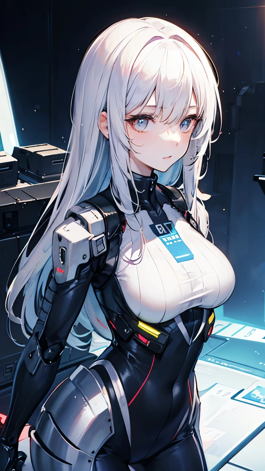 white hair, bangs, long hair, mole under eye, symbol-shaped pupils, cinematic lighting, chiaroscuro, textured skin, masterpiece, high details, super detail, A scene from a science fiction movie. A soldier who works in a city on a different planet from Earth. Wearing a functional bodysuit. The shoulders and arms are equipped with mechanical parts. young woman.