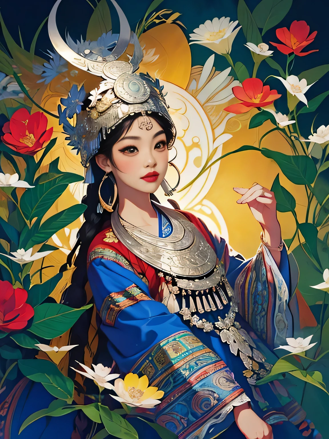 (illustration:1.3)Miao girl in Miao costume (by Artist Anna Dittman (Anna Dittman):1), (((masterpiece))), (((best quality))), ((Super detailed)),(detail light),((extremely delicate and beautiful)), Miao,clothing、Headgear、ear nipple ring，Harvest background，cut out，danfeng eyes