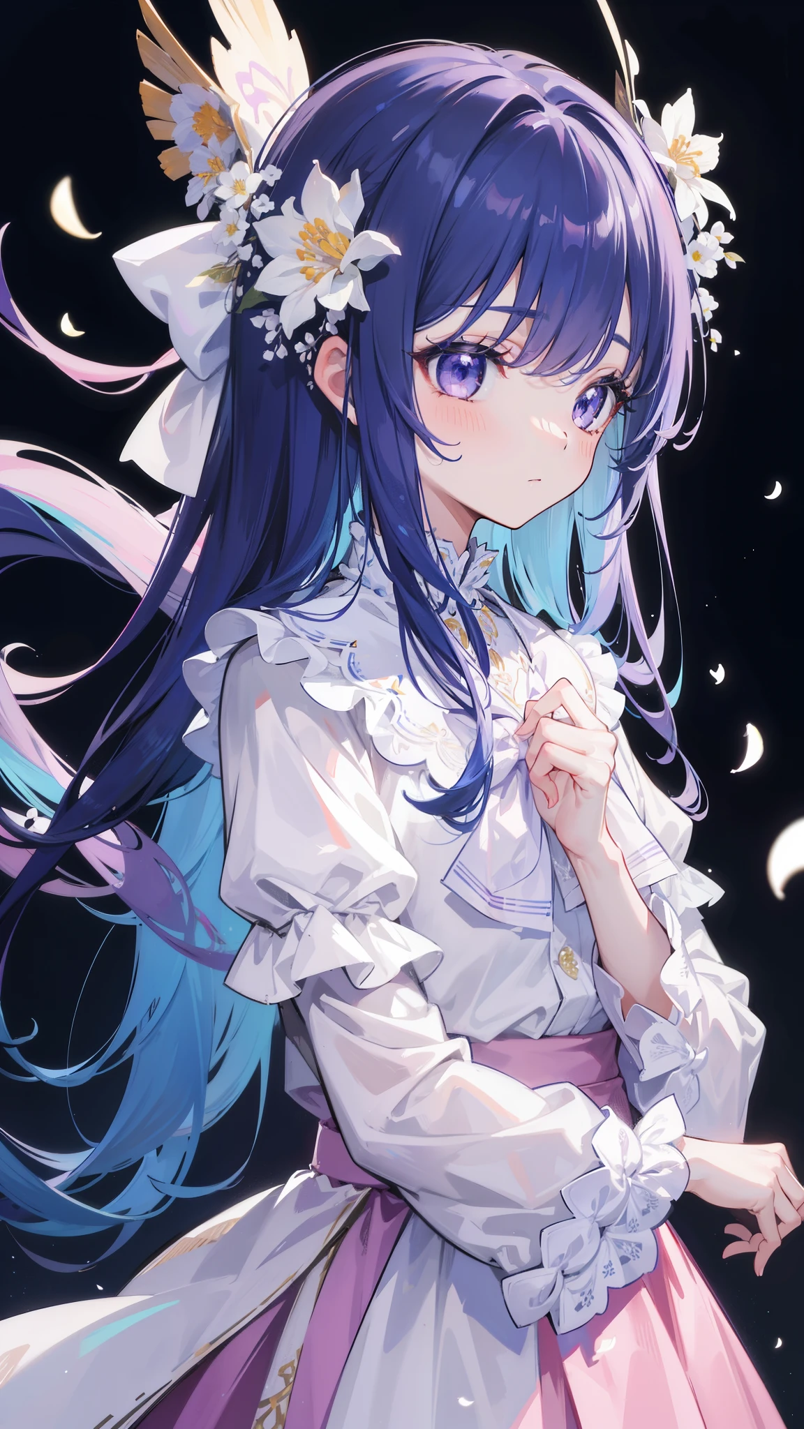 32k, best quality, ultra high res, HDR, UHD, extremely detailed CG, unity 32k wallpaper, highest quality, masterpiece, very detailed, detailed background, 1 girl, alone, long hair, flower, blue hair, white background, pink flower, simple background, profile, Upper body, shirt, white shirt, white flower, bow, bangs, purple eyes, leaf, blush
