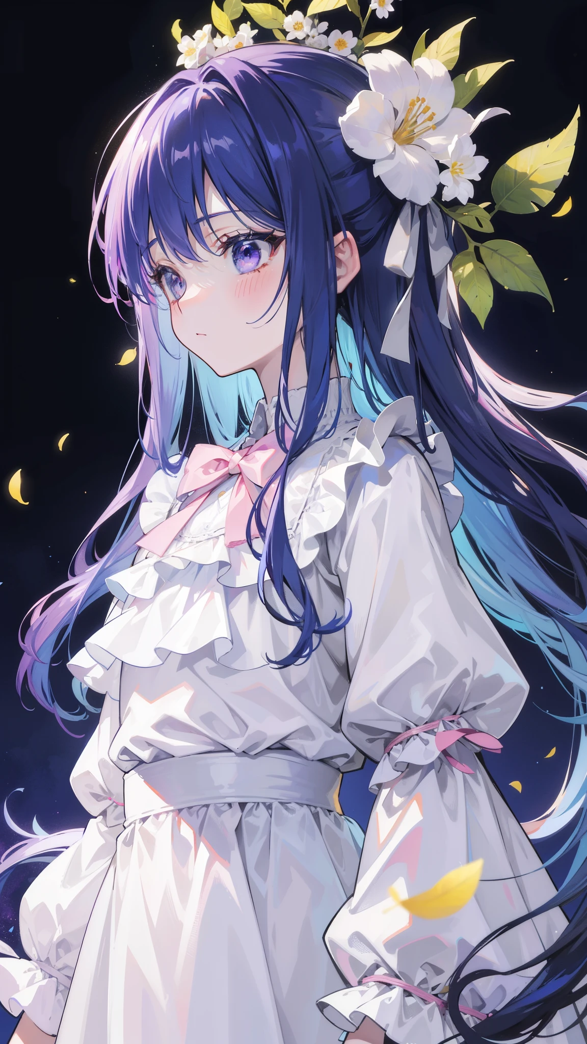 32k, best quality, ultra high res, HDR, UHD, extremely detailed CG, unity 32k wallpaper, highest quality, masterpiece, very detailed, detailed background, 1 girl, alone, long hair, flower, blue hair, white background, pink flower, simple background, profile, Upper body, shirt, white shirt, white flower, bow, bangs, purple eyes, leaf, blush