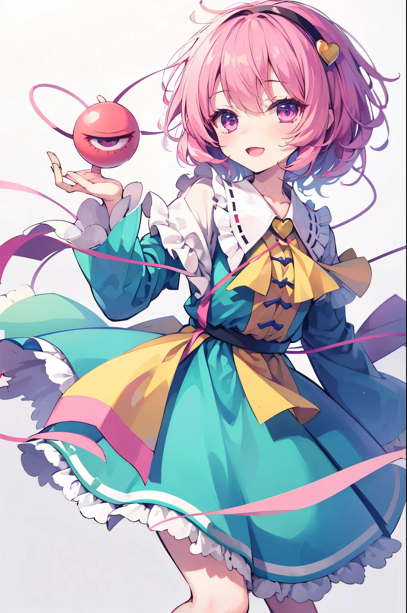 Satori Komeiji,Touhou Project,heart, short_hair, hairband, pink_hair, third_eye, pink_eyes, blush, hair_ornament, heart_hair_ornament,Smile with open mouth,simple background,Top image quality,Masterpiece